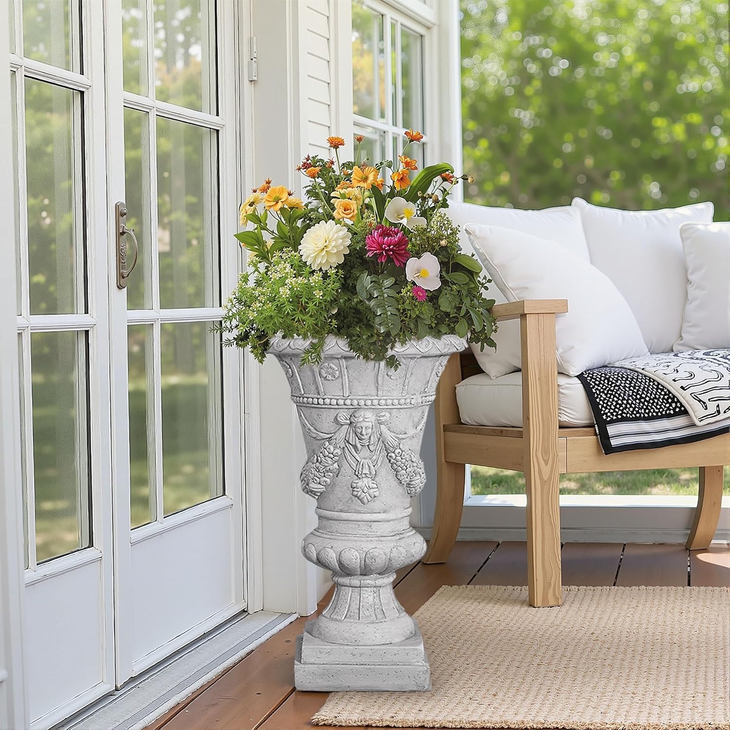 Light Grey Outdoor Urn Planter – 23.75" Tall Pedestal Planter for Outdoor Plants, Weather- Garden Urn Flower Pot with Drainage Hole, MGO Material, No Assembly Required