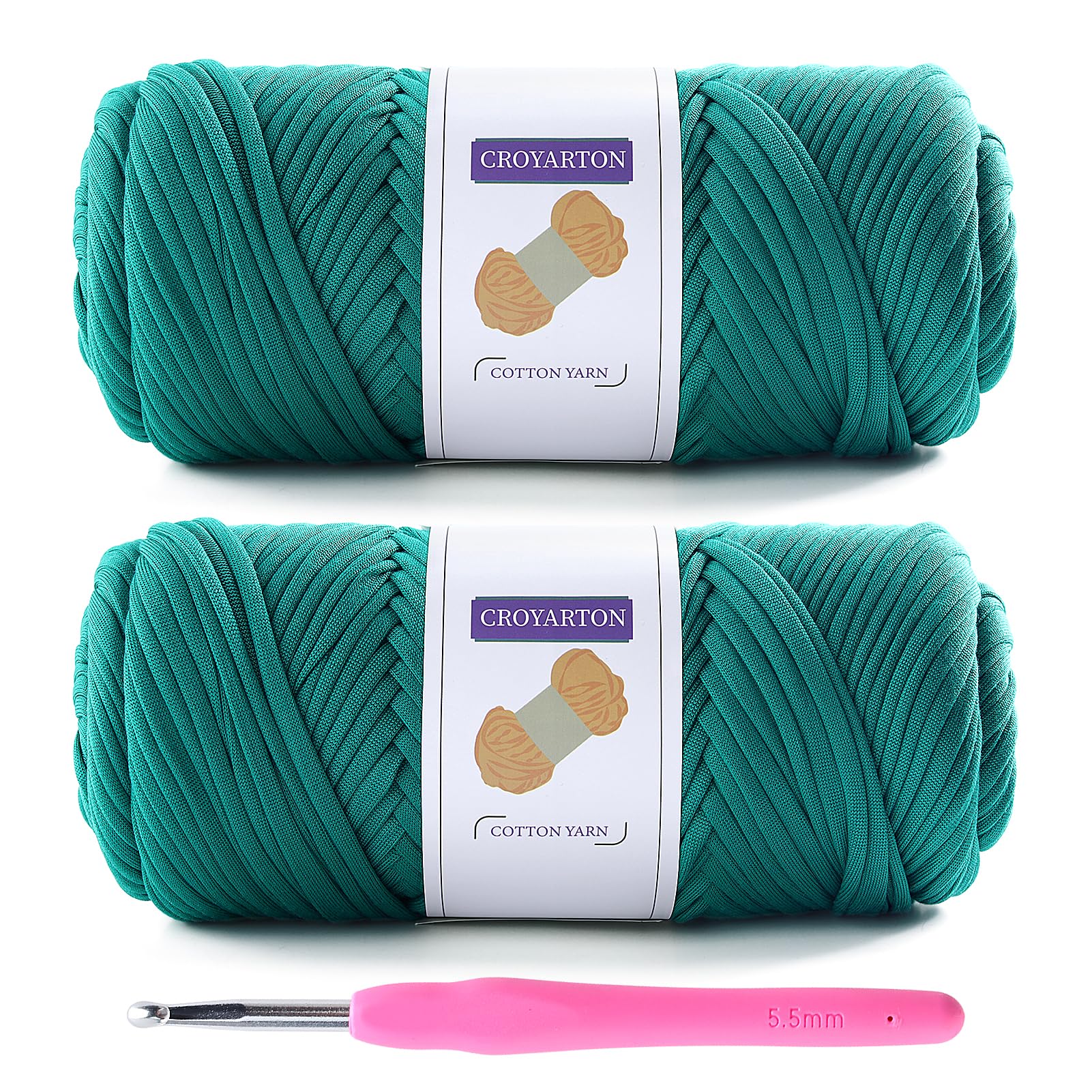 2 Pack T Shirt Yarn for Crocheting with 1 Crochet Hook, Elastic Tshirt Yarn for Crochet Bag/Baskets/Home Decor, Spaghetti Yarn Thick Knitting Yarn Total Length 130 Yds, Weight 14 Oz (Pore Green)