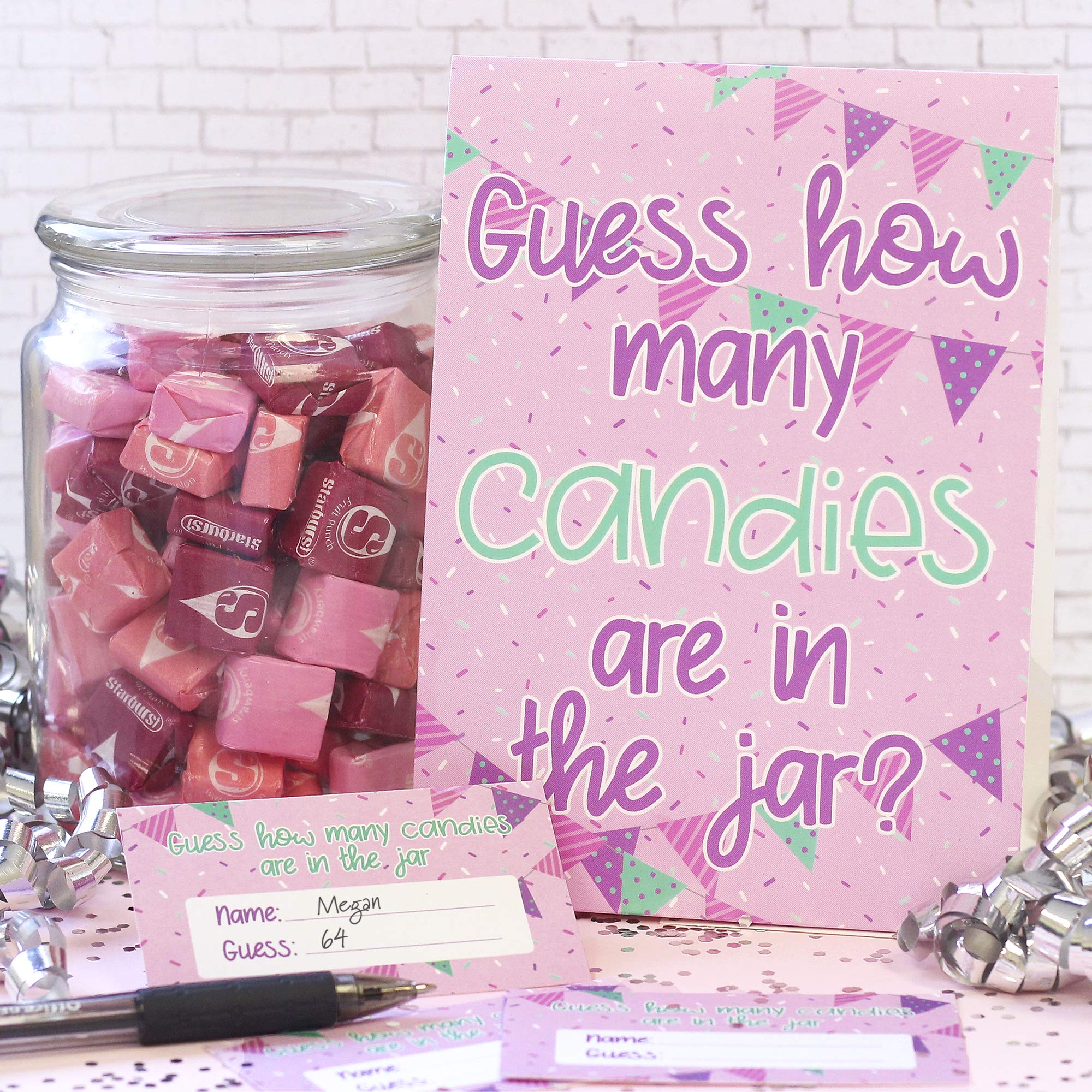Amazon.com: How Many Candies in the Jar Girl Birthday Party Game - Girly  Pink Purple Teal Sprinkles (Sign with Cards) : Home & Kitchen