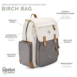 Parker Baby Diaper Backpack - Large Diaper Bag with Insulated Pockets, Stroller Straps and Changing Pad -Birch Bag - Cream