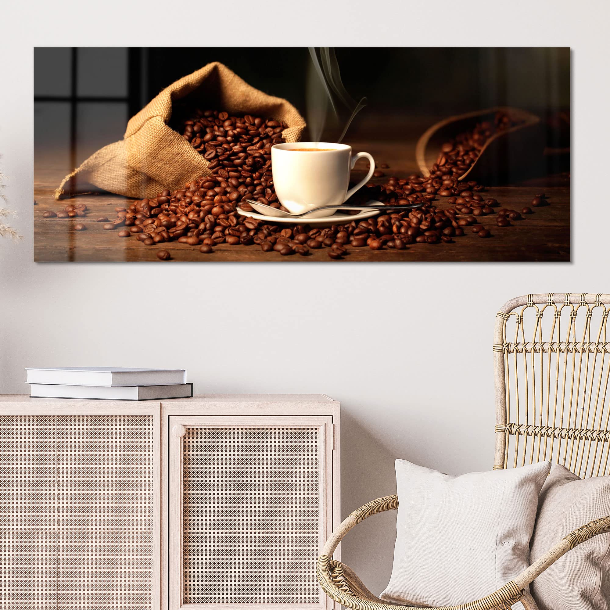 DEQORI Obraz na szkle z prawdziwego szkła | motyw filiżanki do kawy z ziarnami | poziomo jednoczęściowy 125 x 50 cm | piękna dekoracja | obraz ścienny do salonu, sypialni, korytarza i kuchni | nowoczesna dekoracja ścienna