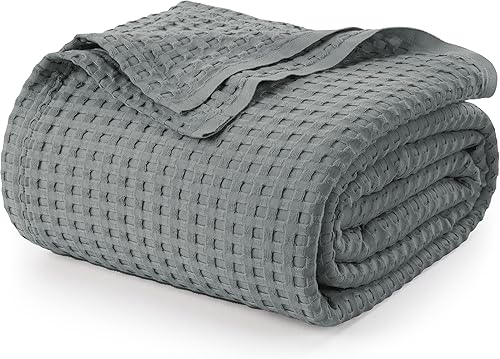 Utopia Bedding Manta de punto gofre de algodón de 300 GSM (gris frío, 90 x 90 pulgadas), suave, ligera, transpirable, tamaño Queen, para cualquier
