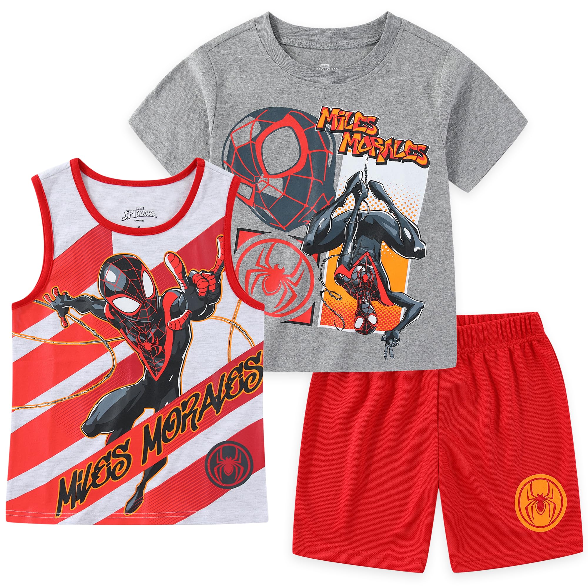 Marvel Spider-Man Miles Morales Boys 3 Piece Tank Top T-Shirt and Shorts Set for Little and Big Kids