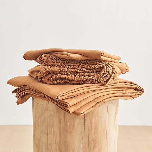 Miniatura 6 de Simple&Opulence Juego de sábanas de lino belga, color sólido, 4 piezas (1 sábana encimera, 1 sábana bajera y 2 fundas de almohada), mezcla de lino