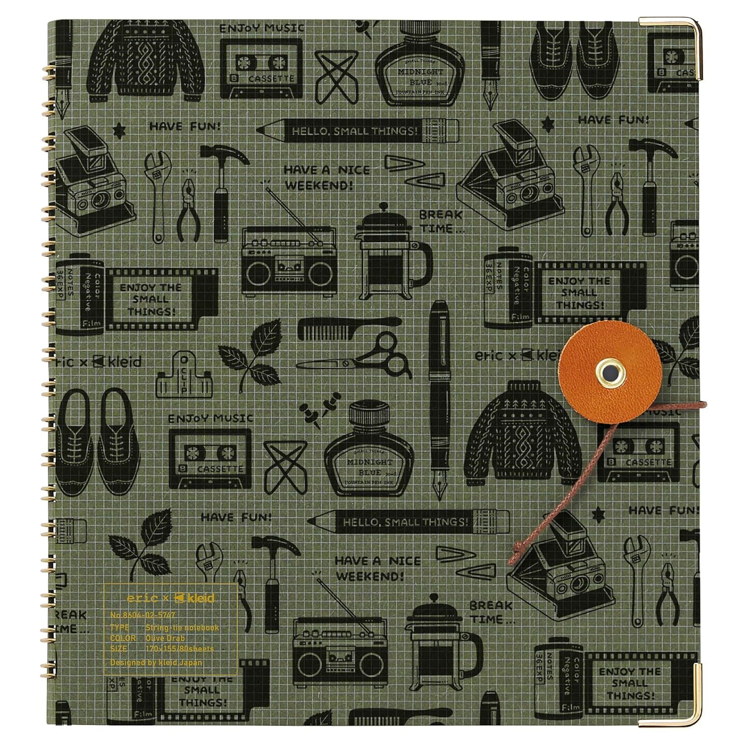kleid 8604-02 Eric x Kleid String Tie Notebook, Square Shape, 2mm Square, Olive
