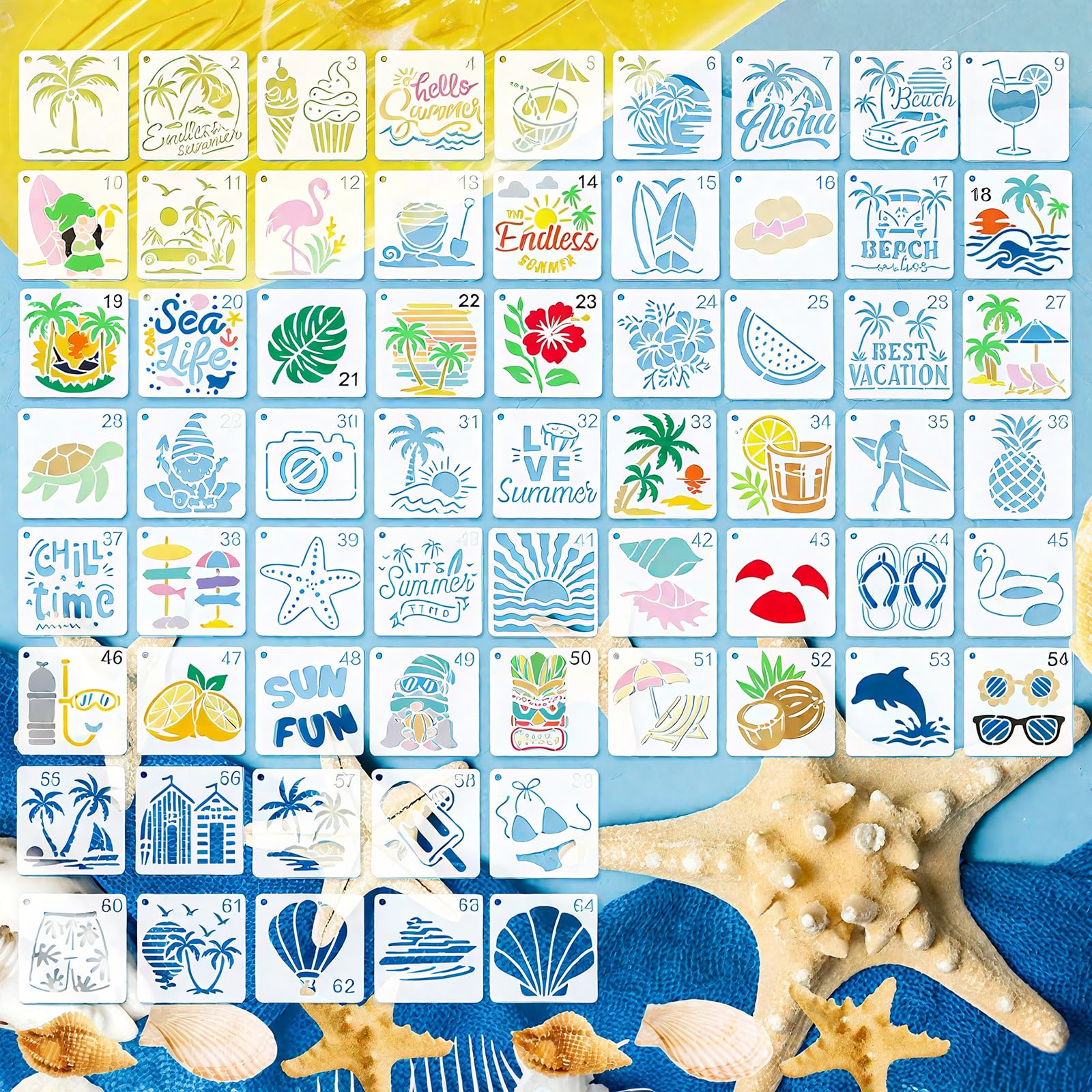 64-Piece Ocean Stencil Set, 7.6 x 7.6 cm, Reusable DIY Painting Templates for Children and Adults, Stencil Templates for Crafts, Scrapbooking, Textile, Wood, Wall and Decoration