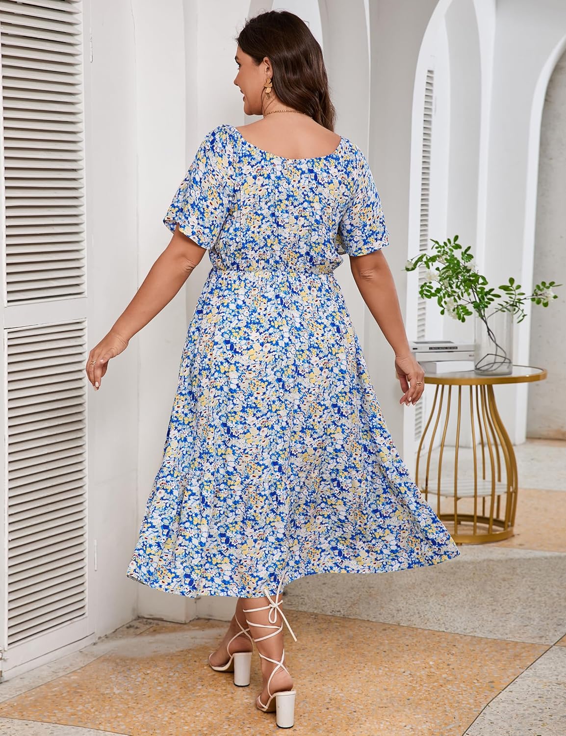 KOJOOIN Womens Plus Size Summer Dress V Neck Short Sleeve Tie Front Boho Beach Floral Printed Maxi Dress with Pockets - Image 5