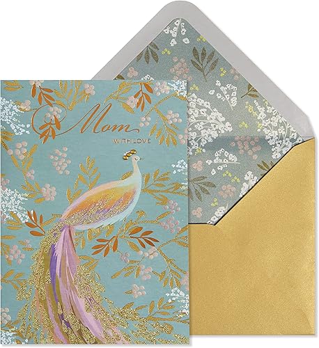NIQUEA.D Tarjeta del día de la madre, pavo real sobre verde azulado, incluye un sobre único de sentimiento y coordinación (NMD-0013)
