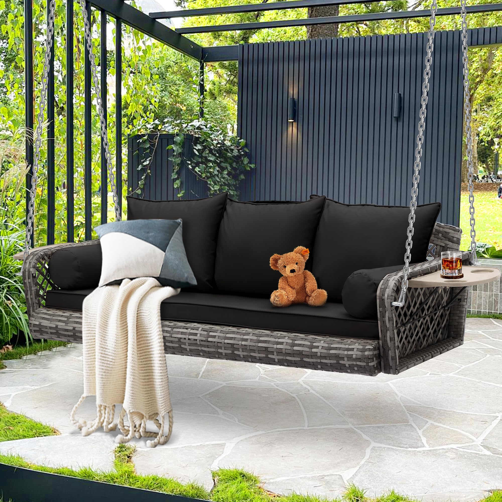 Porch Swing Cushions 2-Person Wicker Hanging Porch Swing, Outdoor