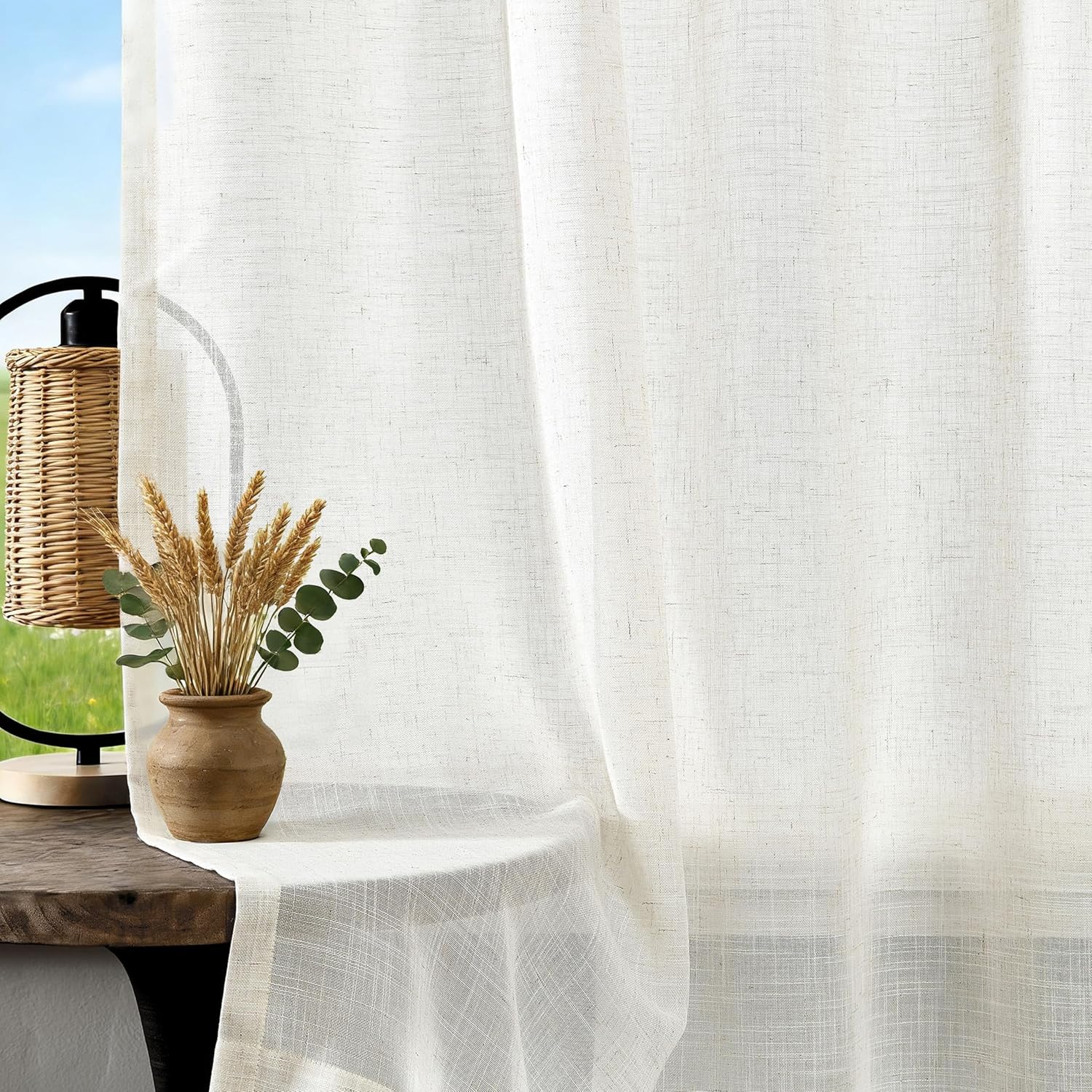 Vision Home Natural Pinch Pleated Sheer Curtains 95 inches Soft Linen Blended Farmhouse Rustic Light Filtering Panels,Window Treatment Drapes with Hooks & Back Tab for Living Room Bedroom, 40"Wx95"Lx2