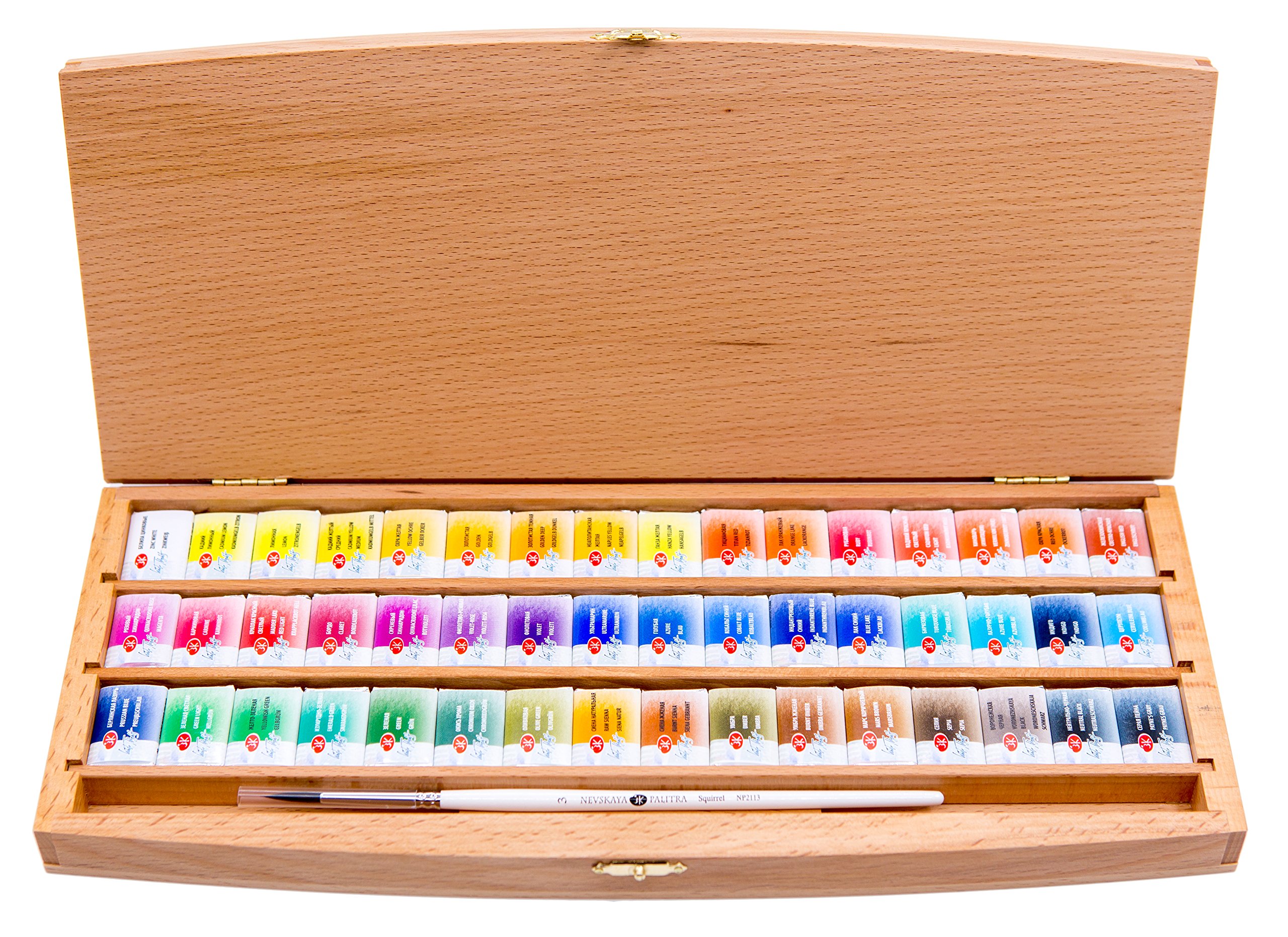 White Nights russische Künstler Aquarellfarben im Set, 48 Farben in ganzen Näpfchen im Holzkasten, hohe Brillanz und Leuchtkraft