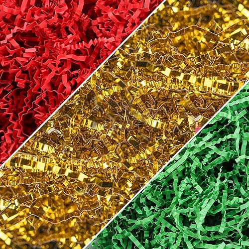 Gloreyan Triturado de papel de Navidad de 10.6 onzas (10.58 oz), papel de rafia rojo verde dorado de Navidad, confeti y hierba para envolver