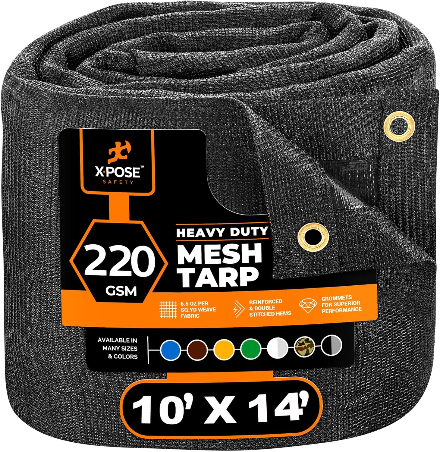 Xpose Safety Heavy Duty Mesh Tarp – 10’ x 14’ Multipurpose Black Protective Cover with Air Flow - Use for Tie Downs, Shade, Fences, Canopies, Dump Trucks – Tear Resistant 10' x 14'