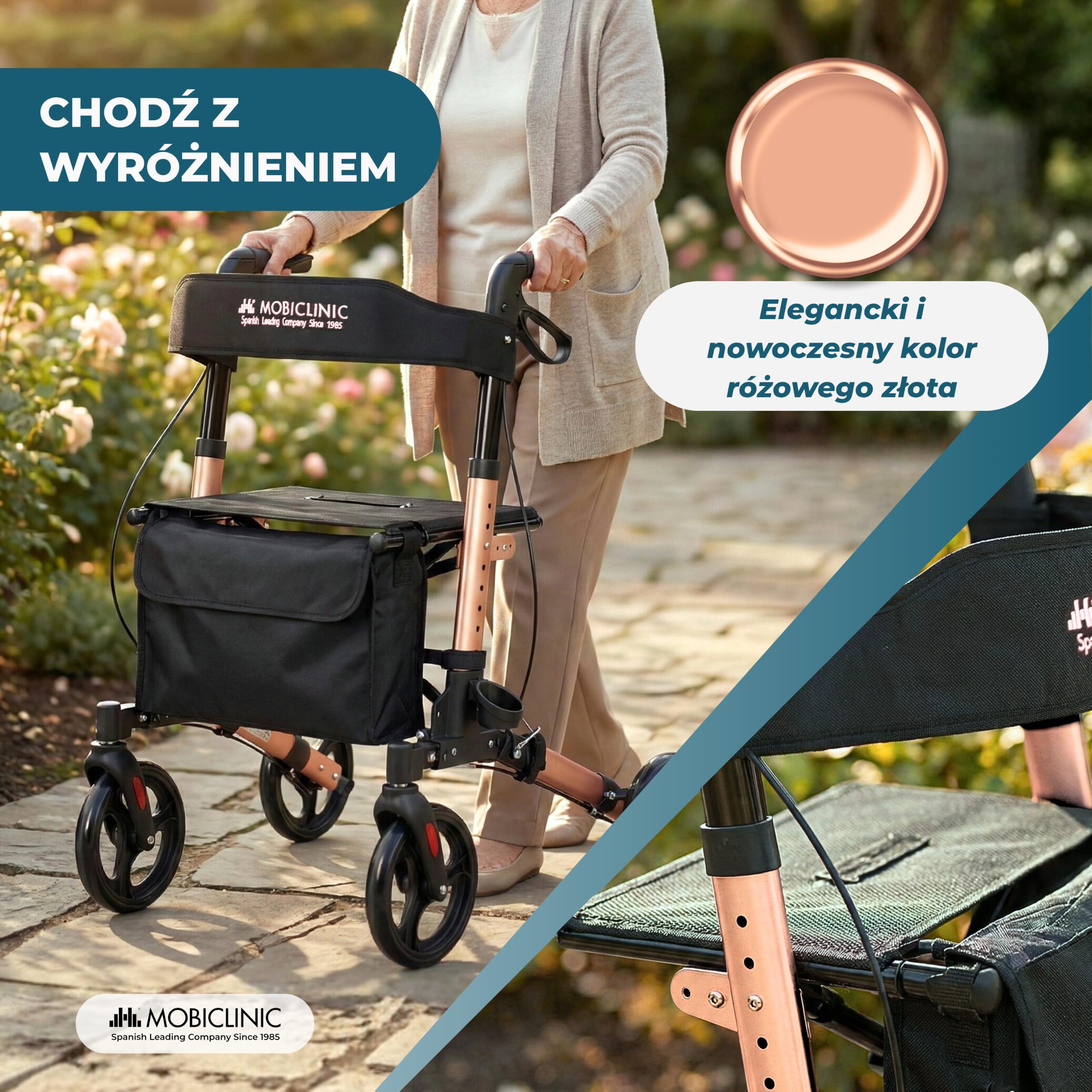 Mobiclinic®, Chodzik Składany, Siedzisko i Oparcie, do 136 kg, Różowe Złoto, Regulowana Wysokość, Kosz do Przechowywania, Uchwyt na Laskę, Hamulce i Blokada Bezpieczeństwa, Aluminium, Trajano