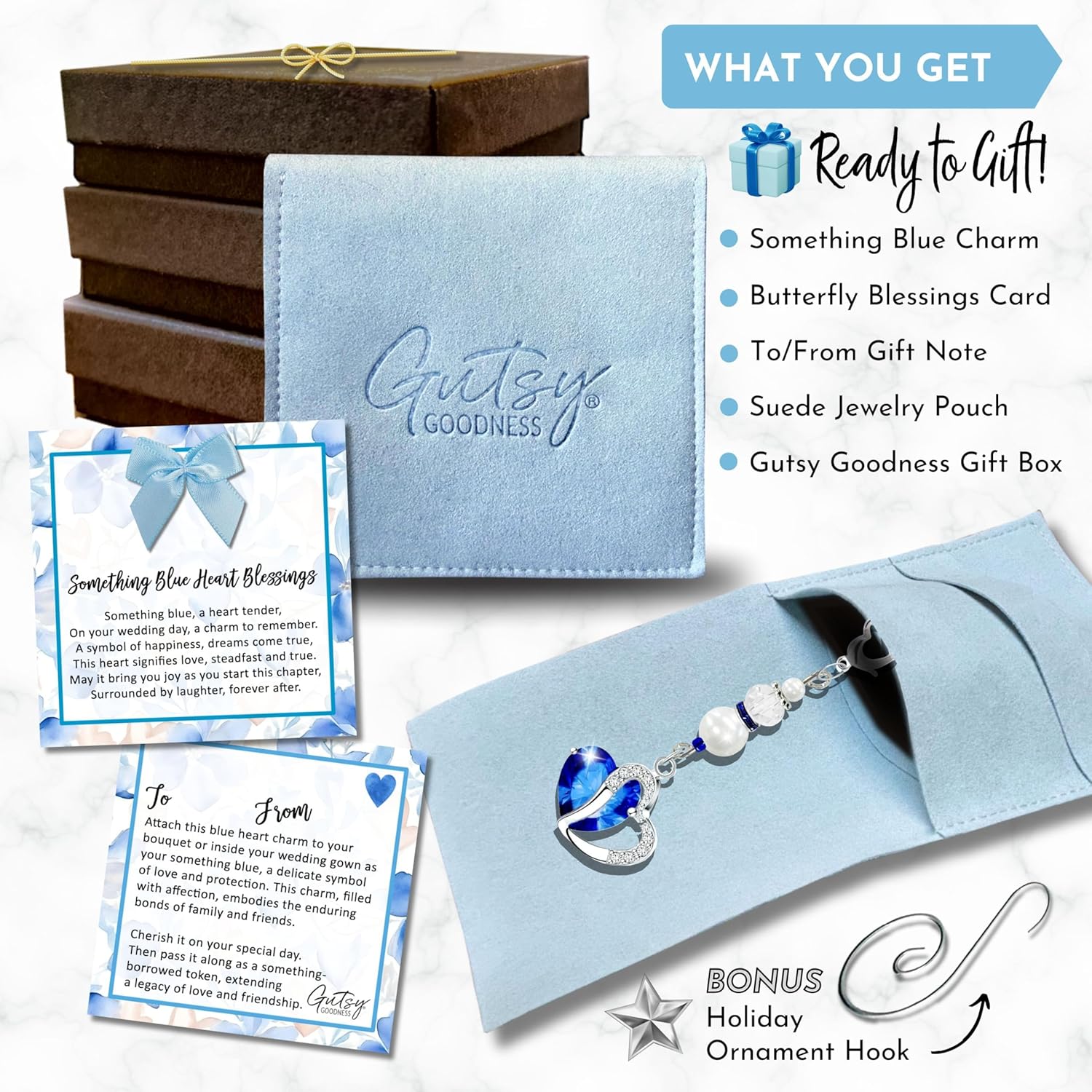 Gutsy Goodness Something Blue Heart Wedding Bouquet Charm Gift For Bride, Handmade Silver Tone Sparkling Tradition Pendant, Jewelry Travel Pouch Accessory Set Sentimental Card, Bridal Shower Idea - Image 4