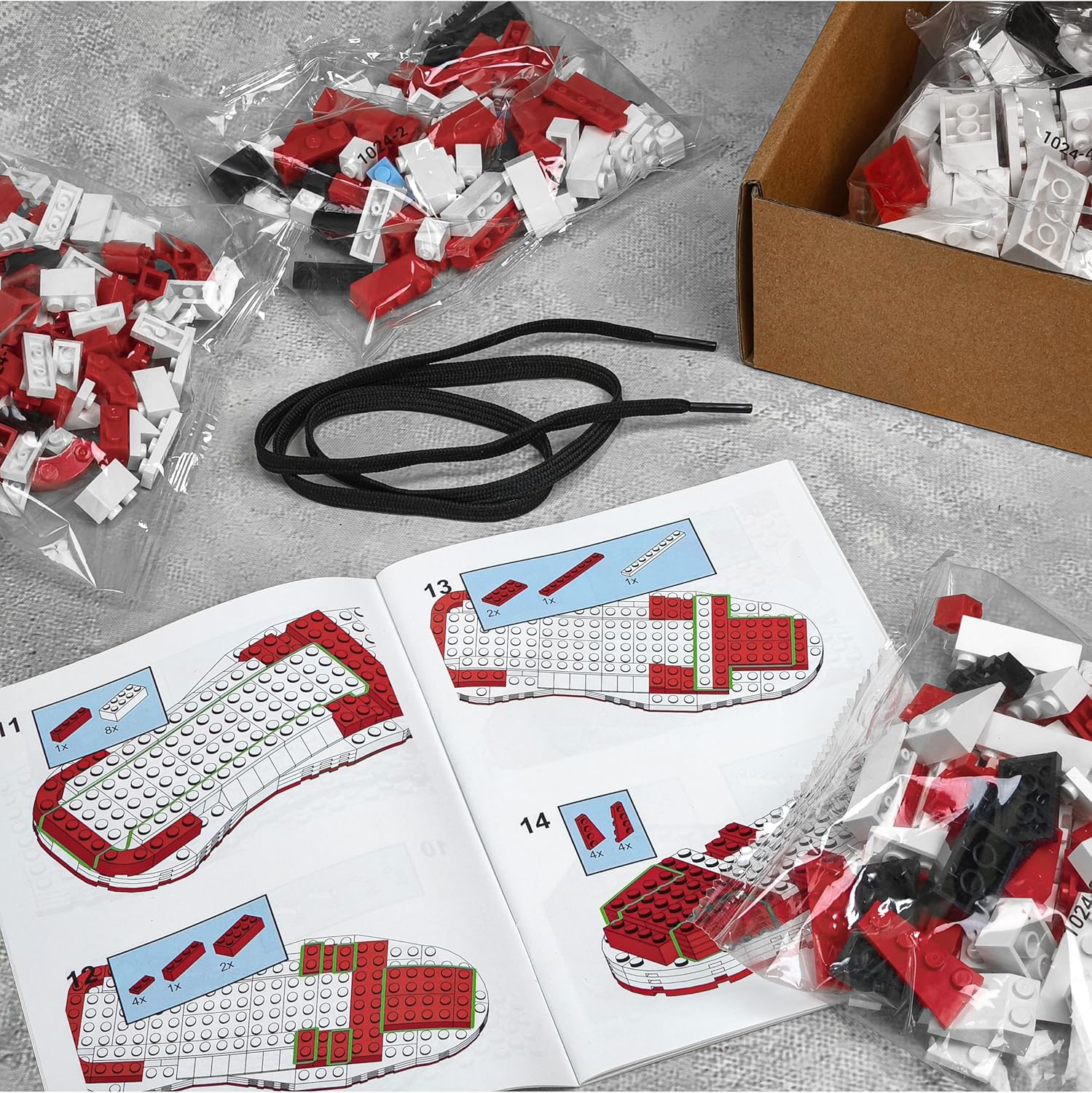 Basketball Red-White Sneaker Building Set with Real Shoelace, Compatible with Lego 630 Accessory, Sports Shoe, Office Desk Decor, Best Gift for Basketball Fans, Father's Day, March Madness, 4+, 356Pcs