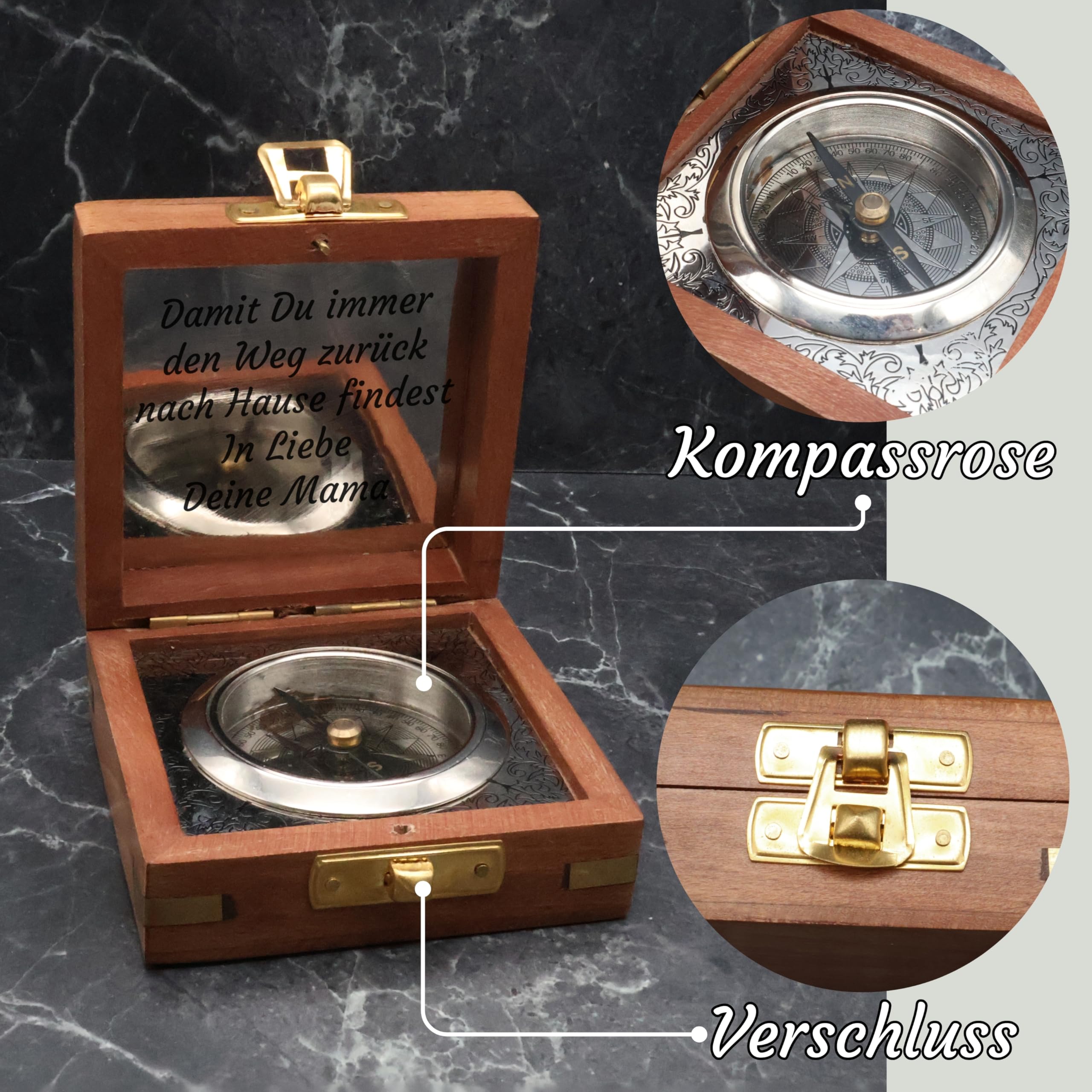 SonKo® Kompass mit Gravur Kompass personalisiert – Antik Optik nautischer funktionsfähige Maritime Deko aus Messing. Konfirmation Geschenk Kommunion