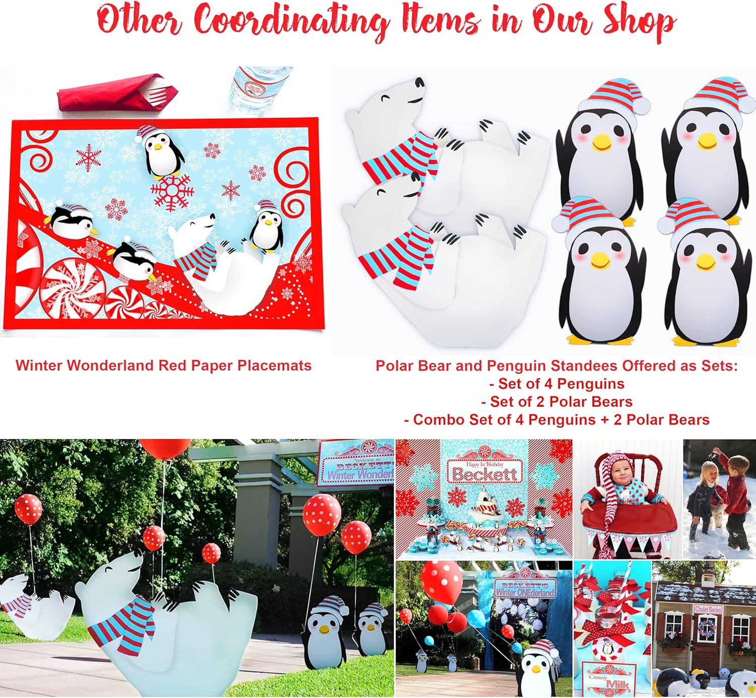 2 Polar Bear + 4 Penguin Standees Winter Wonderland Cutout Party Decoration