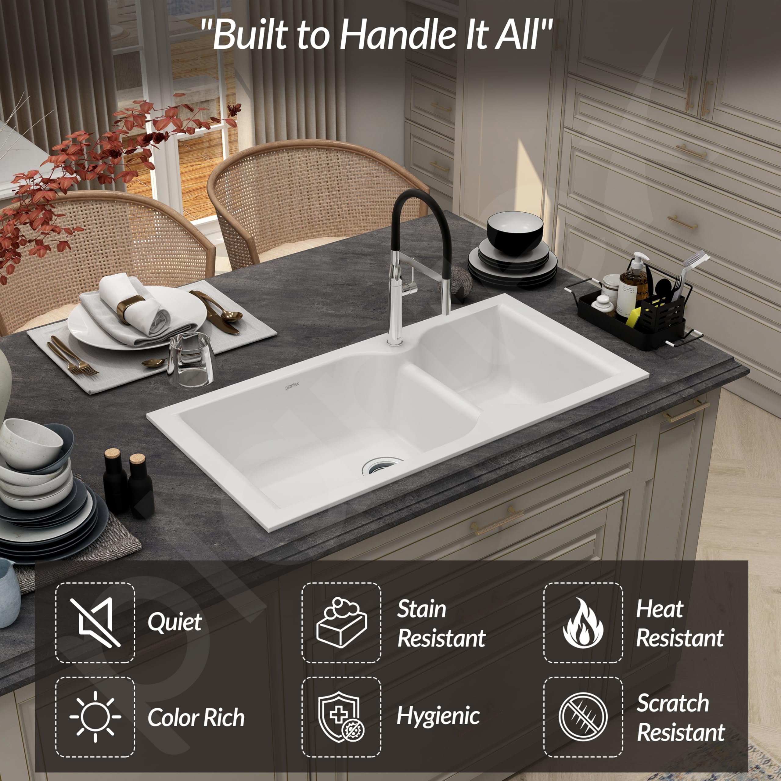 Plantex Quartz Kitchen Sink - Double Bowl, 10-Year Warranty -7