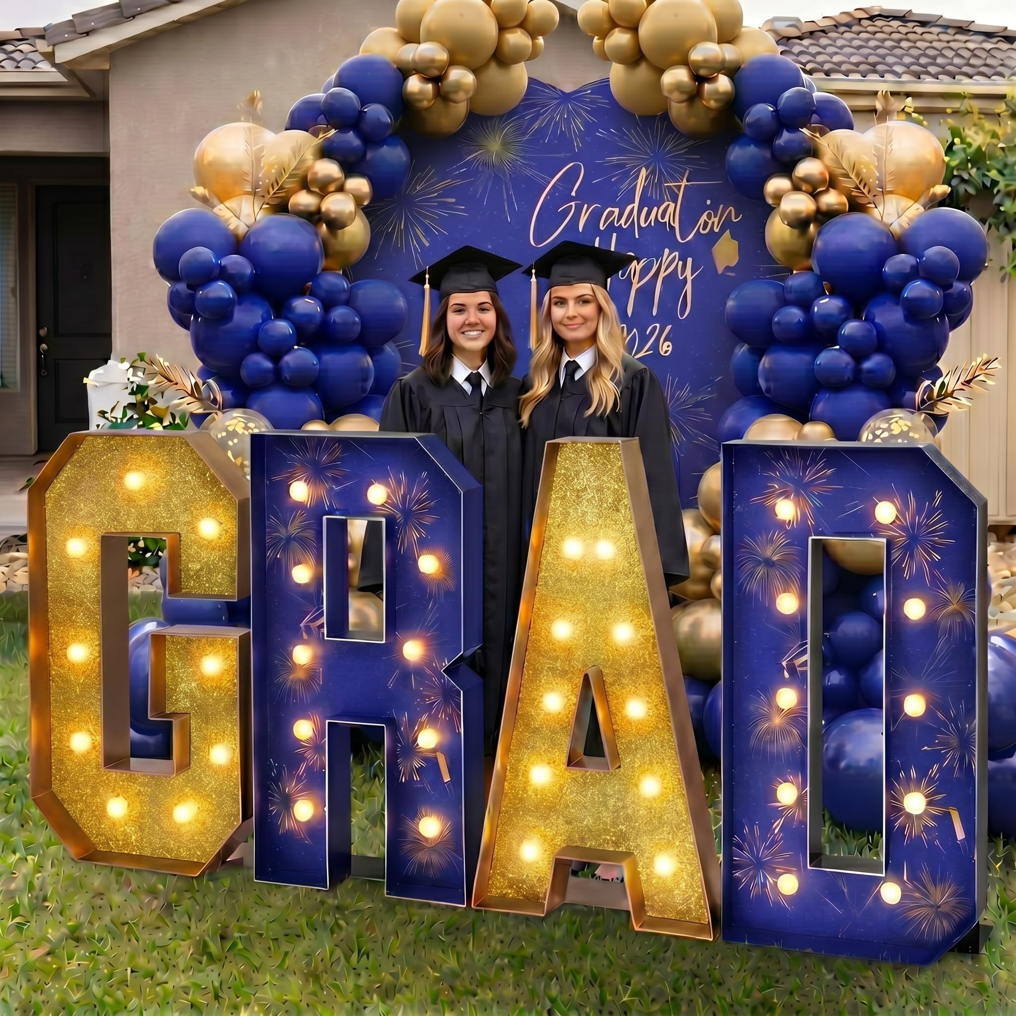 Photo 1 of ZeahVeyora 2026 Graduation Decorations 4 FT Grad Marquee Letter Large Class of 2026 Light up Sign Graduation Party Decor for Kindergarten Preschool High School College Pre-cut Foam Board(Blue & Gold)
