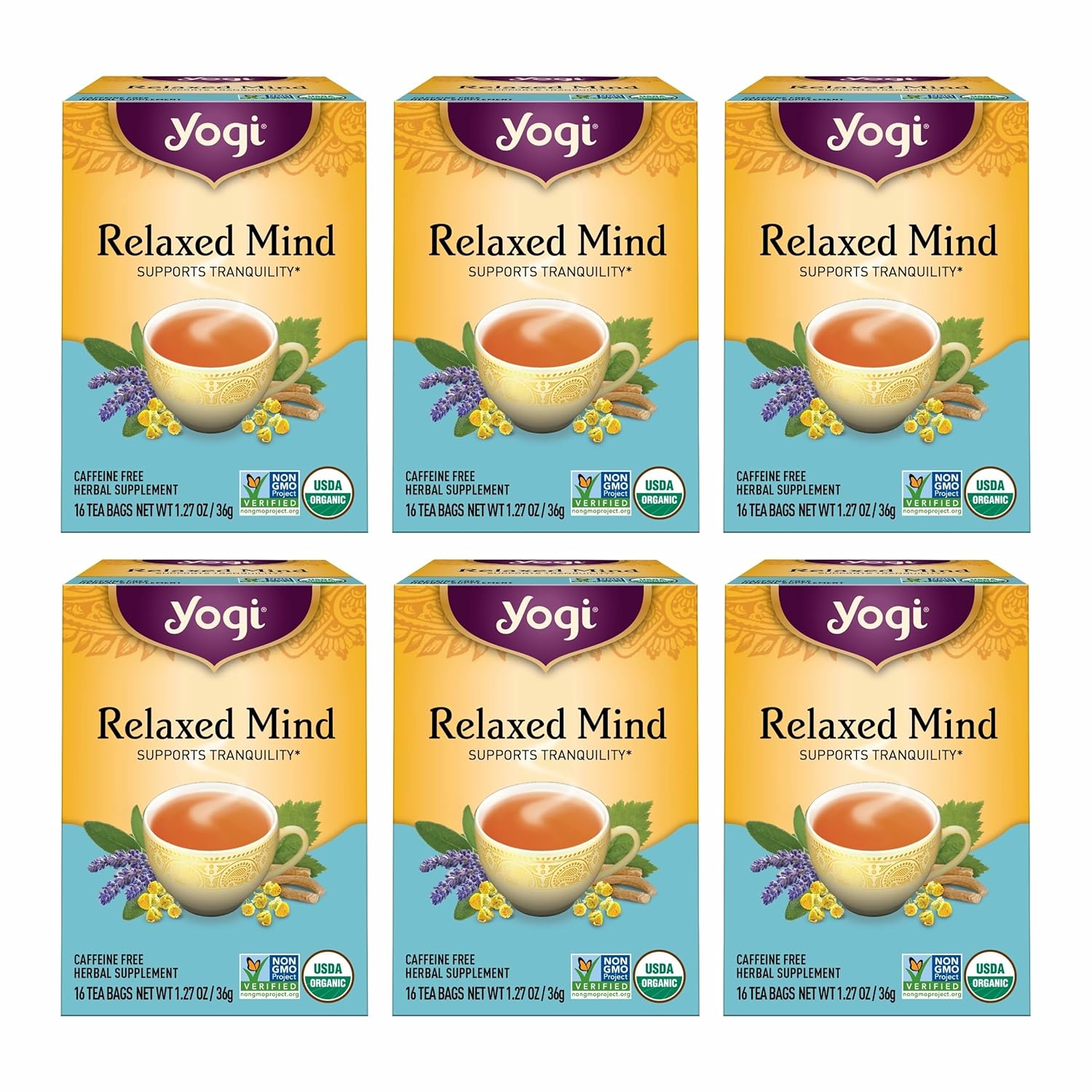 Yogi Tea - Relaxed Mind (6 Pack) - Supports Tranquility - Calming Tea with Gotu Kola and Lavender - Caffeine Free - 96 Organic Herbal Tea Bags