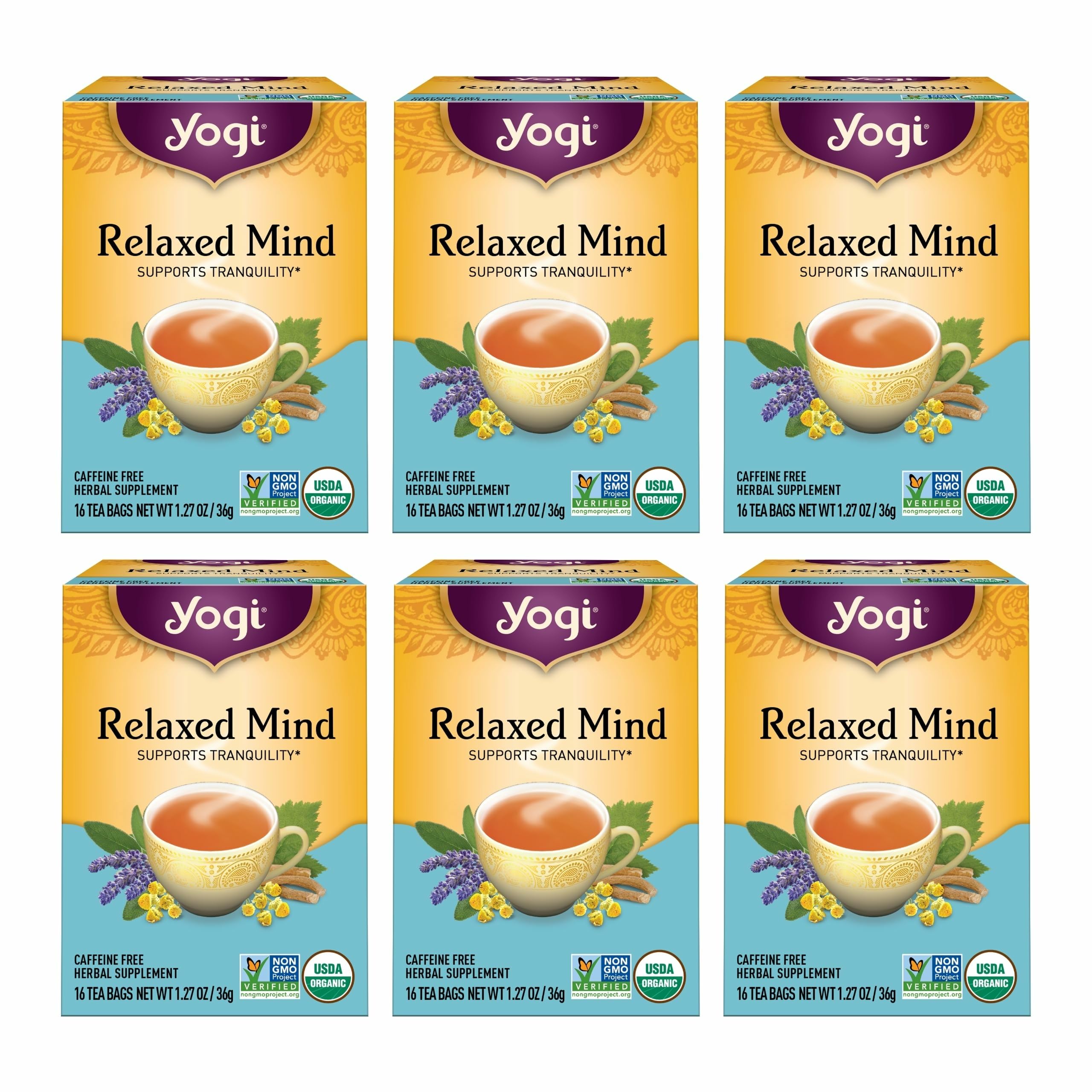 Yogi Tea - Relaxed Mind (6 Pack) - Supports Tranquility - Calming Tea with Gotu Kola and Lavender - Caffeine Free - 96 Organic Herbal Tea Bags