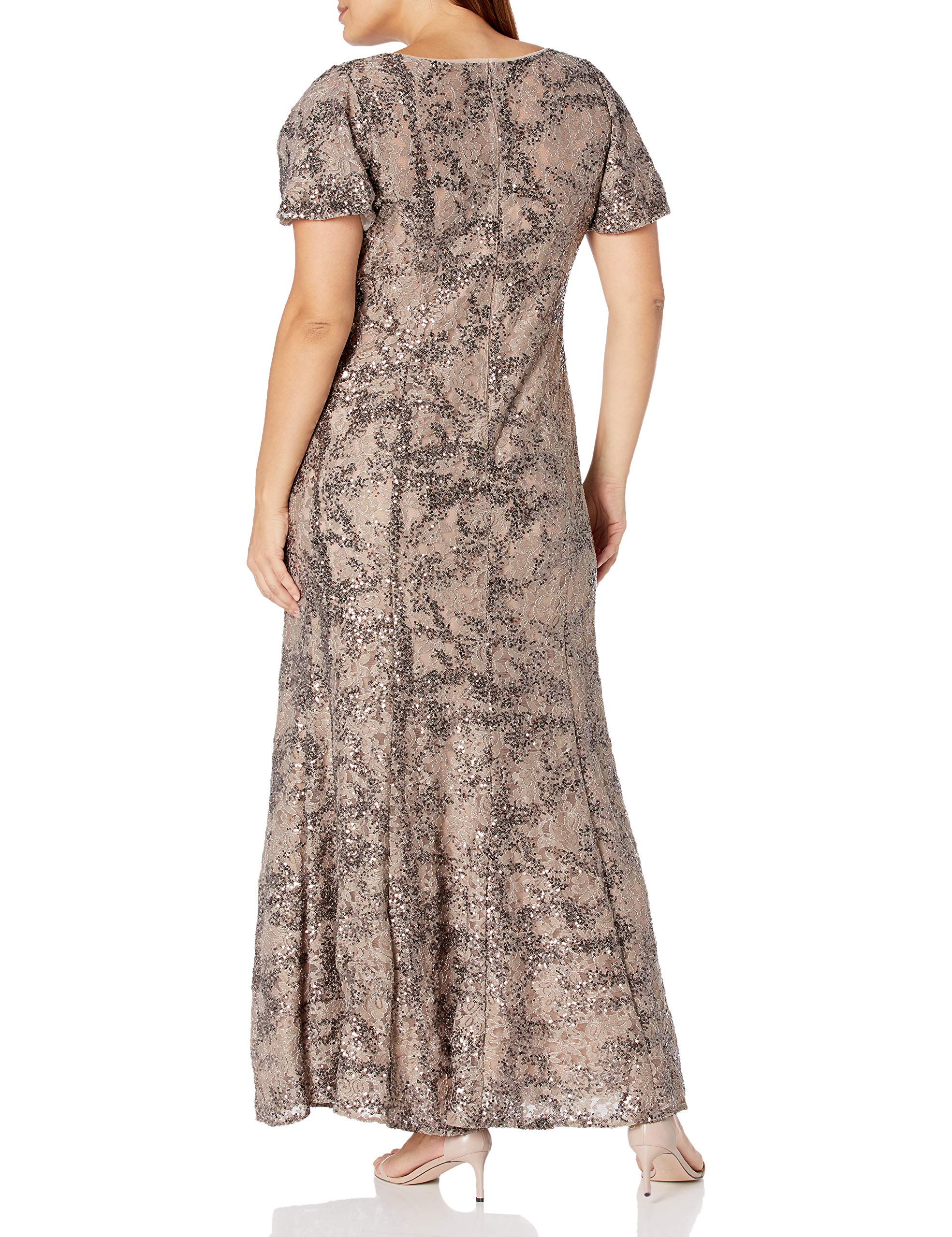 Alex Evenings Womens Long Length A-line Sequin Lace V-Neck Mother of The Bride Dress, Formal Event Gown with Short Sleeves: 16 Plus Taupe