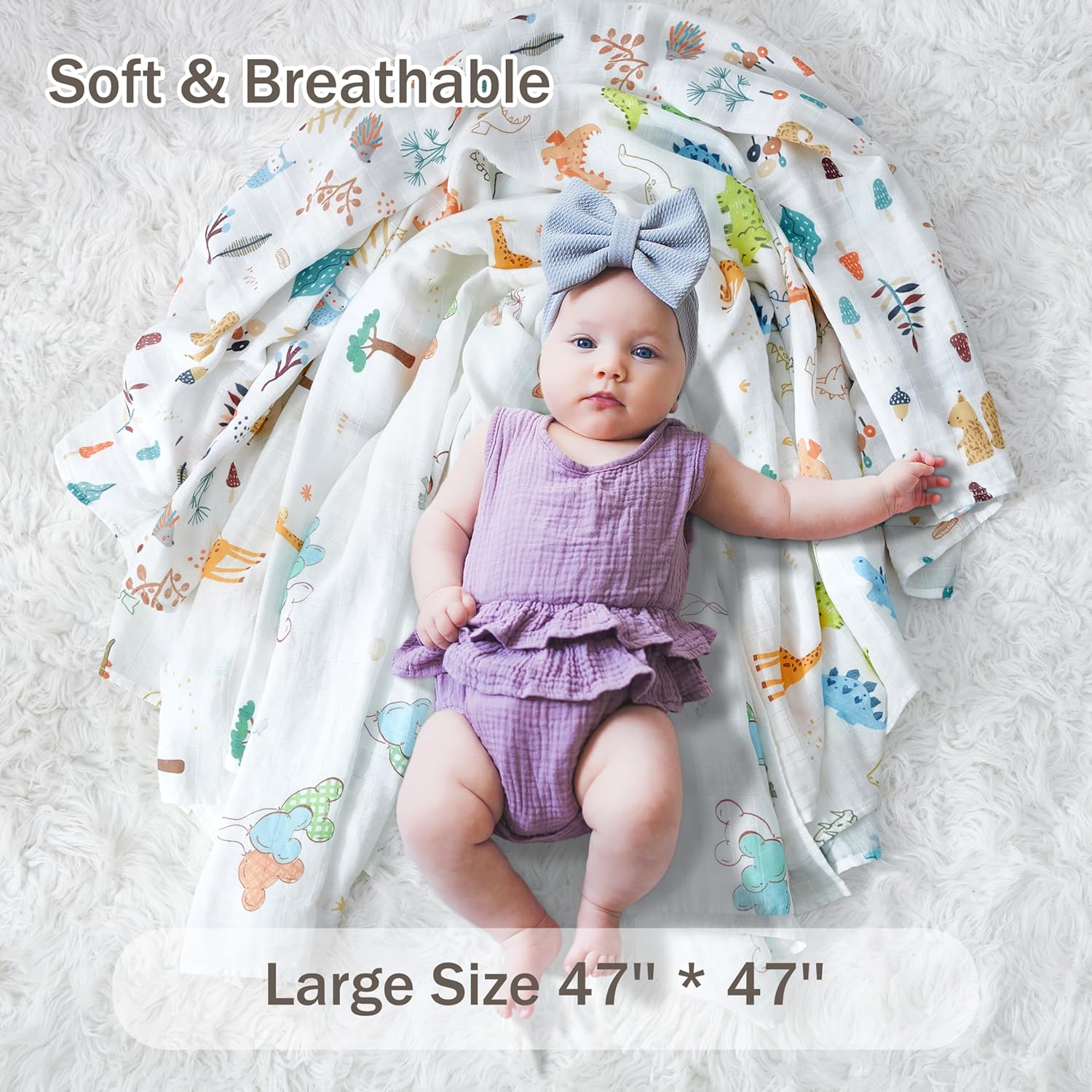 4-Pack 100% Cotton Muslin Swaddle Blankets, Large 47 x 47 Inches — Breathable Soft Receiving Blankets for Newborns, Swaddling Wraps, Baby Essentials, Registry Gift (Wild Jungle Friends) - Image 5