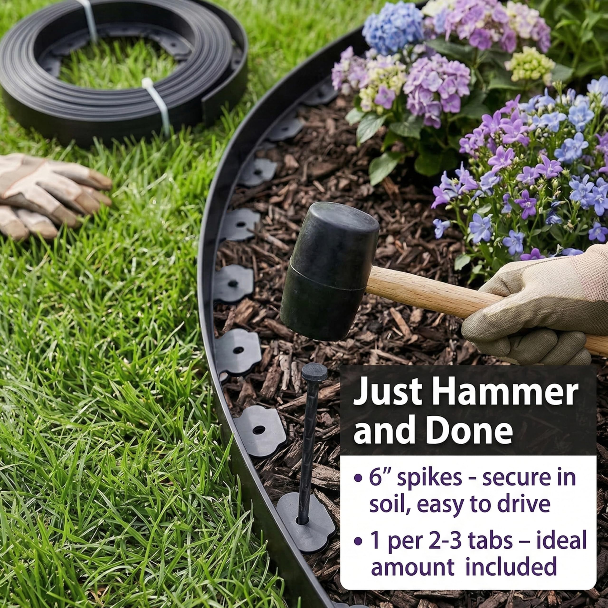 Gardzen Kit de bordes de paisaje de 1.5 pulgadas x 80 pies, la bobina de borde de jardín viene con 100 pinchos, diseño de borde de césped sin excavación