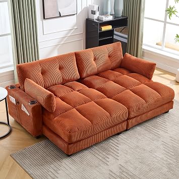 91" Oversized Double Chaise Lounge Cloud Couch, Corduroy Upholstered Sectional Sofa Bed Lounger Daybed with USB & 2 Cup Holder, Modern Deep Seat Sleeper Loveseat Chair for Living Room, Orange