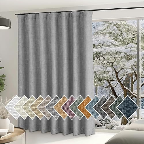 NICETOWN Cortinas extra anchas para puerta corrediza gris claro, cinturón de ganchobolsillo para barrapestaña trasera, cortinas térmicas de lino