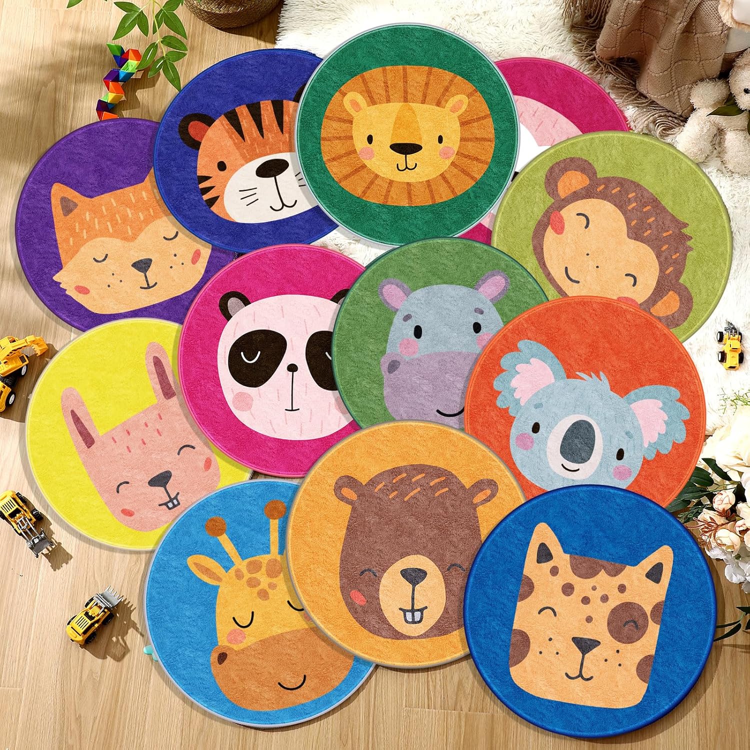 12 Pcs Carpet Circle Seats for Classroom, 16" Animal Classroom Floor Mats Non Slip Round Rug Soft Thin Circle Time Mat for School Learning Playing Areas Group Activity Decor