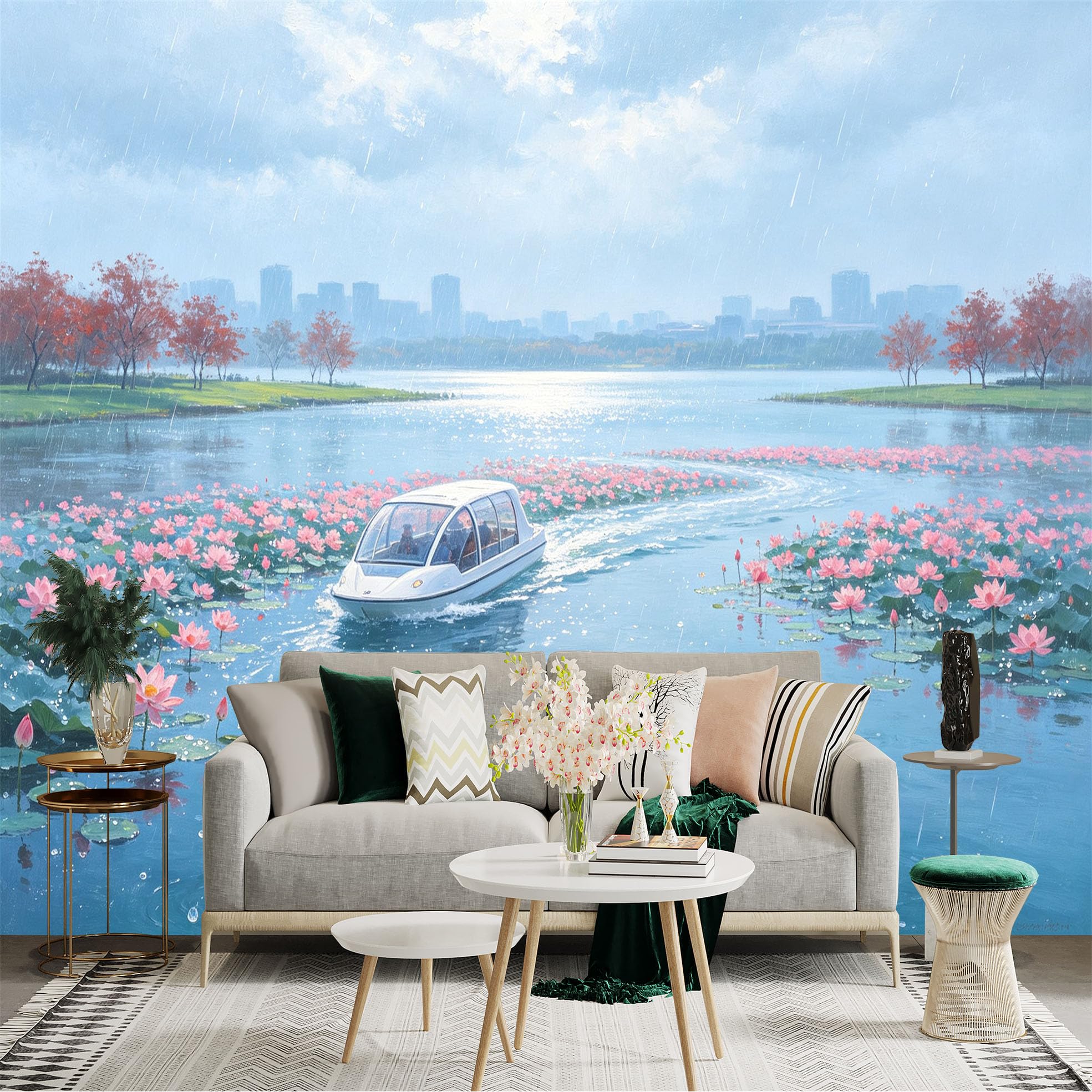 Custom Size Wall Sticker Mural， Boat Sailing on Lake with Pink Lotus Flowers， Rain Scene， Cityscape Horizon， for wall Decoration， peelandstick wall Decals.