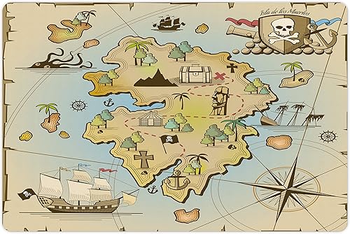 Lunarable Island Map - Tapete para mascotas para comida y agua, diseño náutico de pulpo Kraken, diseño náutico, para perros y gatos, 18 x 12