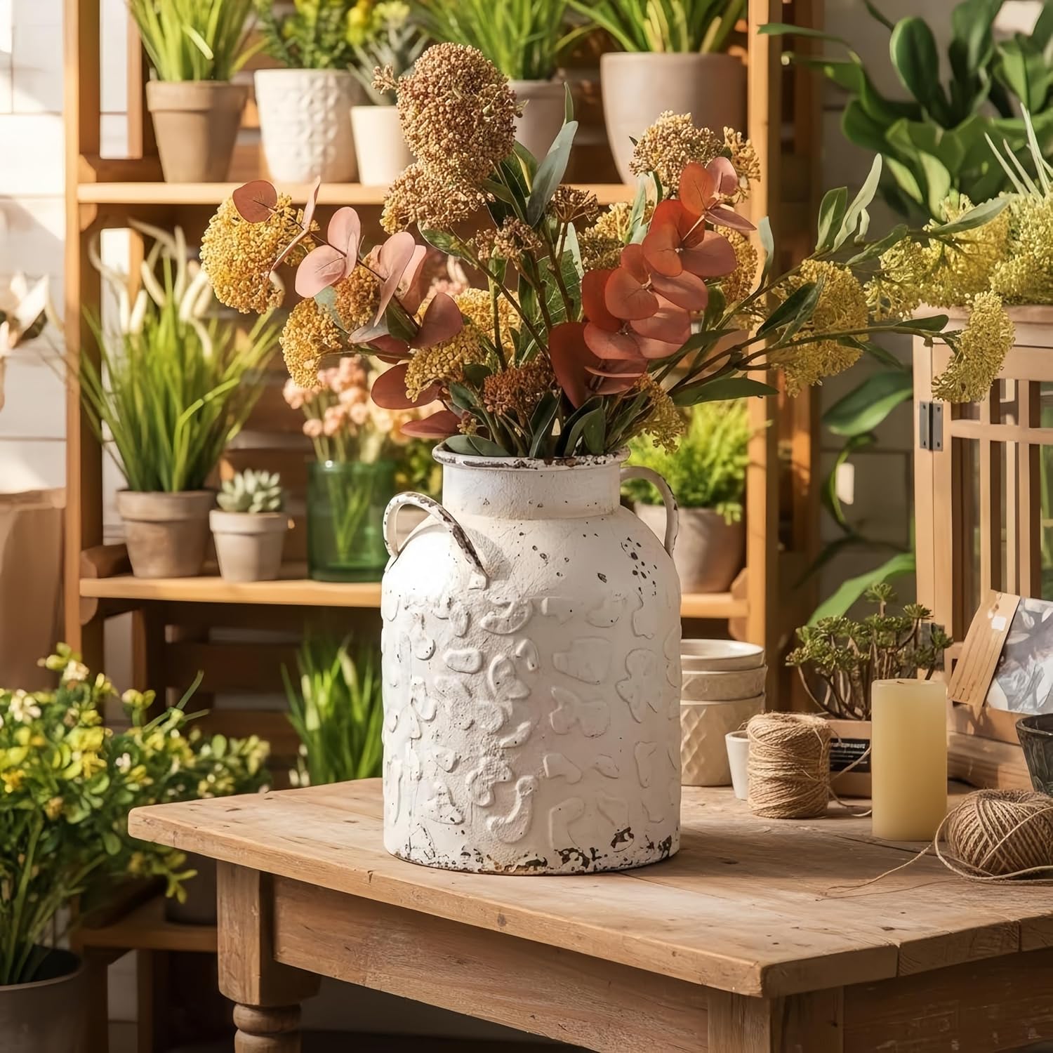 Vintage Distressed White Milk Can Planter, 11 Inch Rustic Iron Decorative Flower Pot, Classic Shabby Chic Plant Pot for Indoor Outdoor Table Mantel Entryway Home Decor (11" H x 8.3" W) (A2571)