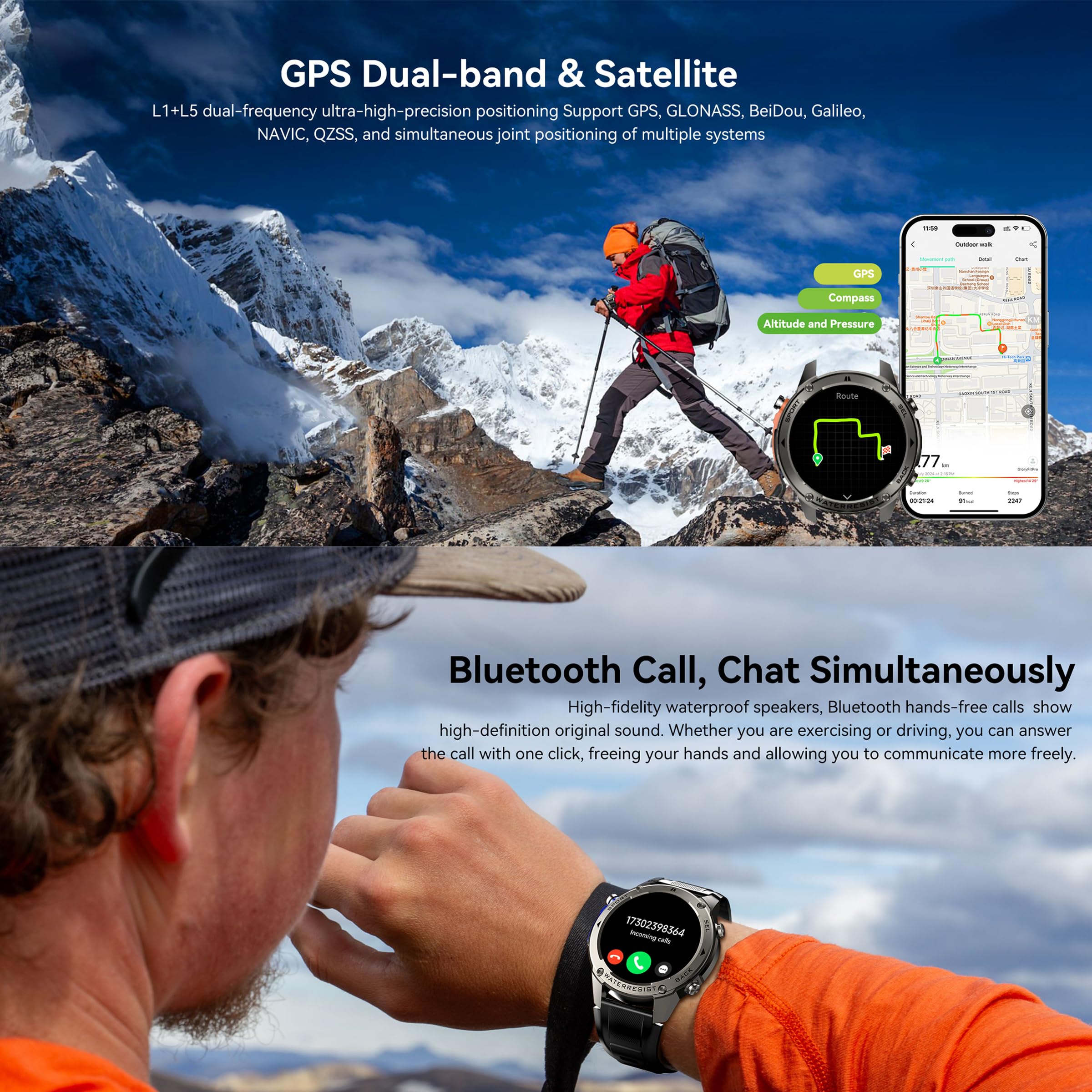 Orologio intelligente con GPS, orologio da corsa, stile militare, con Bluetooth, cardiofrequenzimetro, contapassi, barometro, bussola, per telefoni Android e iOS