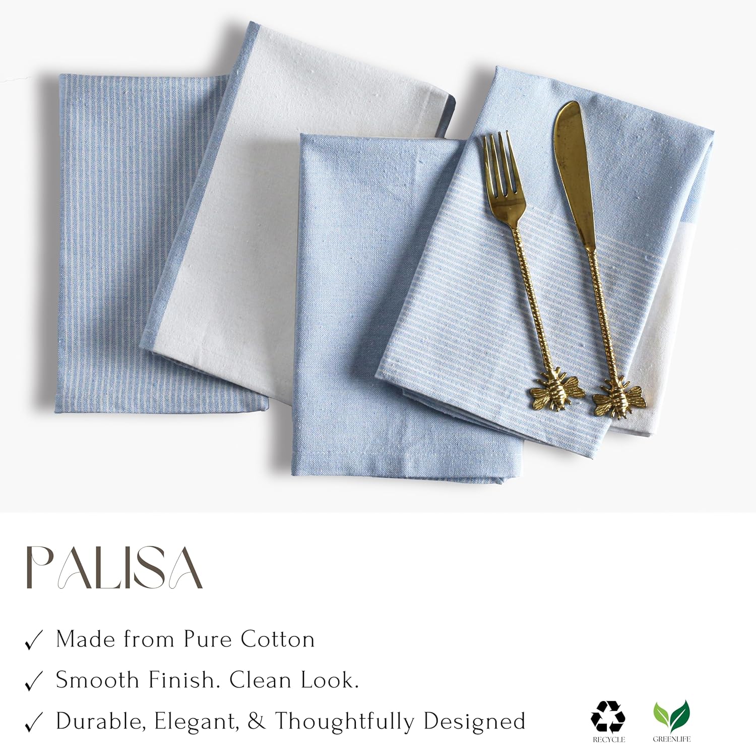 Palisa 100% Cotton Cloth Dinner Napkins [Pack of 12, Light Blue] Striped Pattern Reusable Table Linen Napkins for Home & Kitchen | Parties & Farmhouse Dining Décor 18x18 Inch