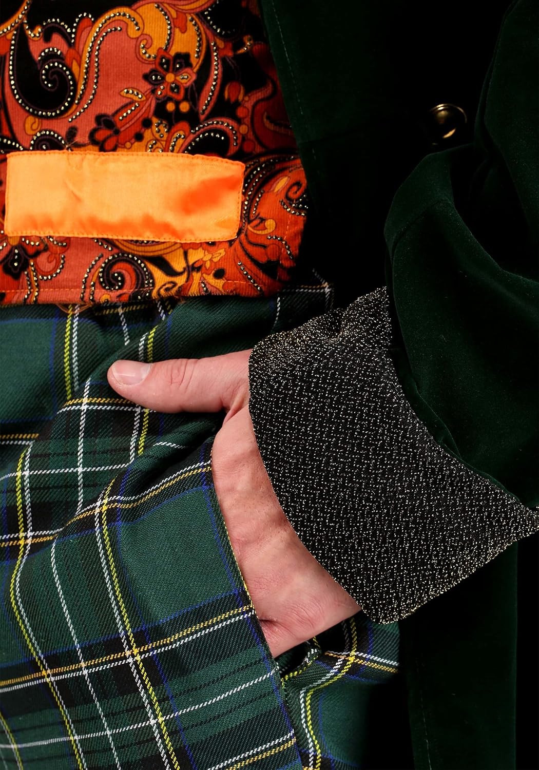 Alice in Wonderland Men's Mad Hatter Costume with Green Velvet Jacket, Pants, Orange Vest, Ascot & Top Hat