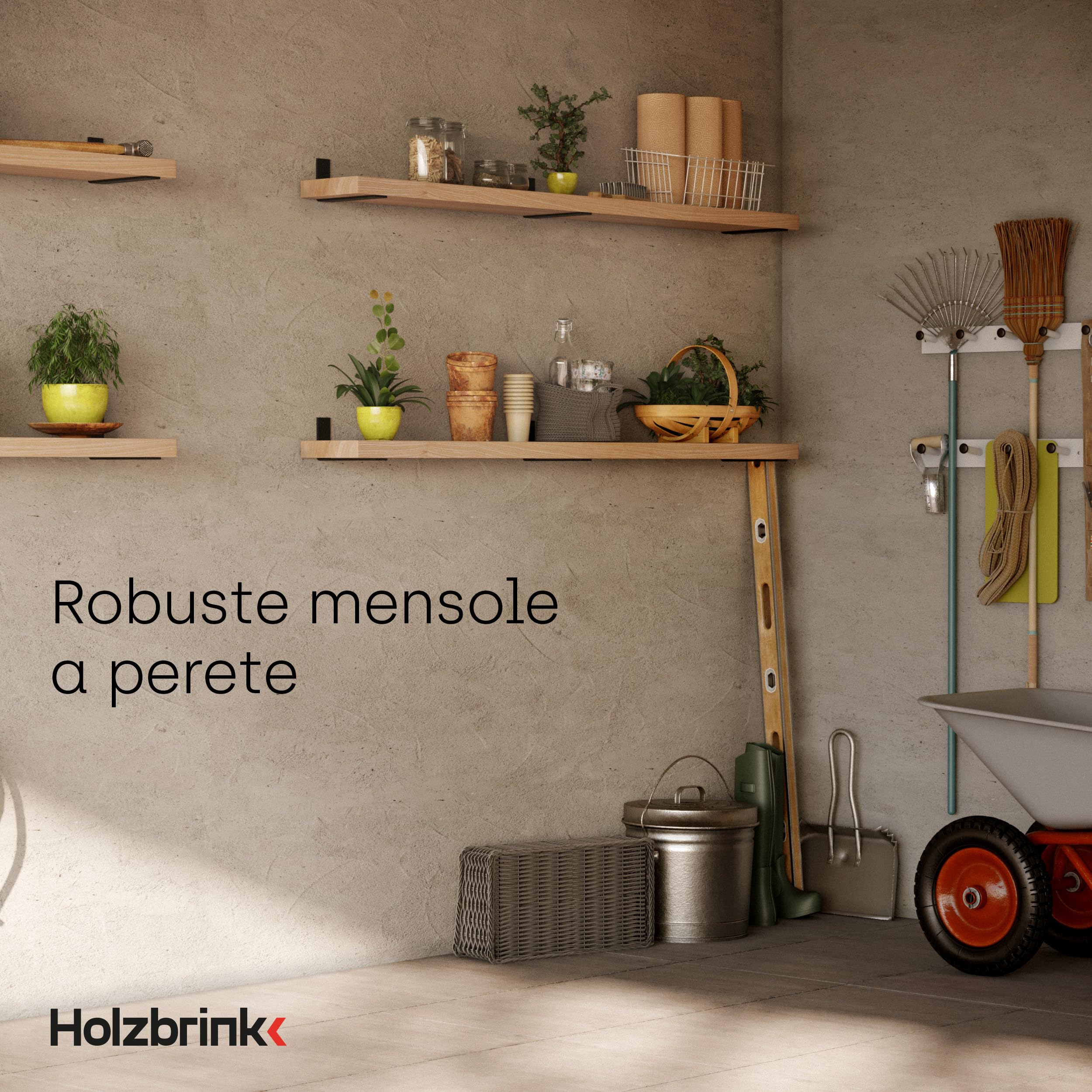 HOLZBRINK Staffa reggi mensola in metallo, supporto per mensole da parete, mensola fai-da-te, supporto, Acciaio Grezzo Laccato 200x100x40 mm, 10 pezzi, HLR-L-200-0000