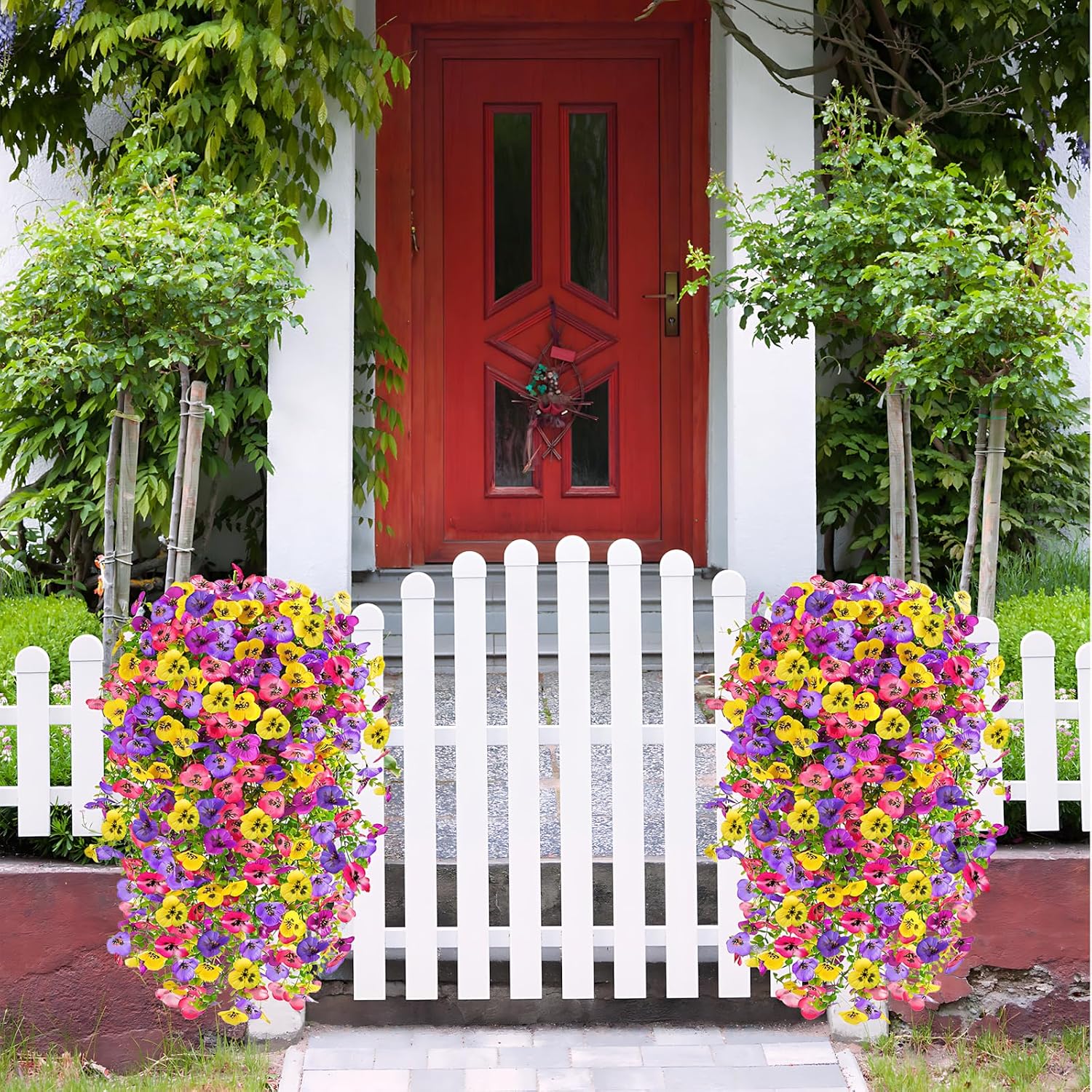 8PCS Faux Hanging Pansy Flowers for Outdoors,UV-Resistant Artificial Plants for Porch, Patio, Garden, Window Boxes, Spring & Summer Decor (Mixed Colors)
