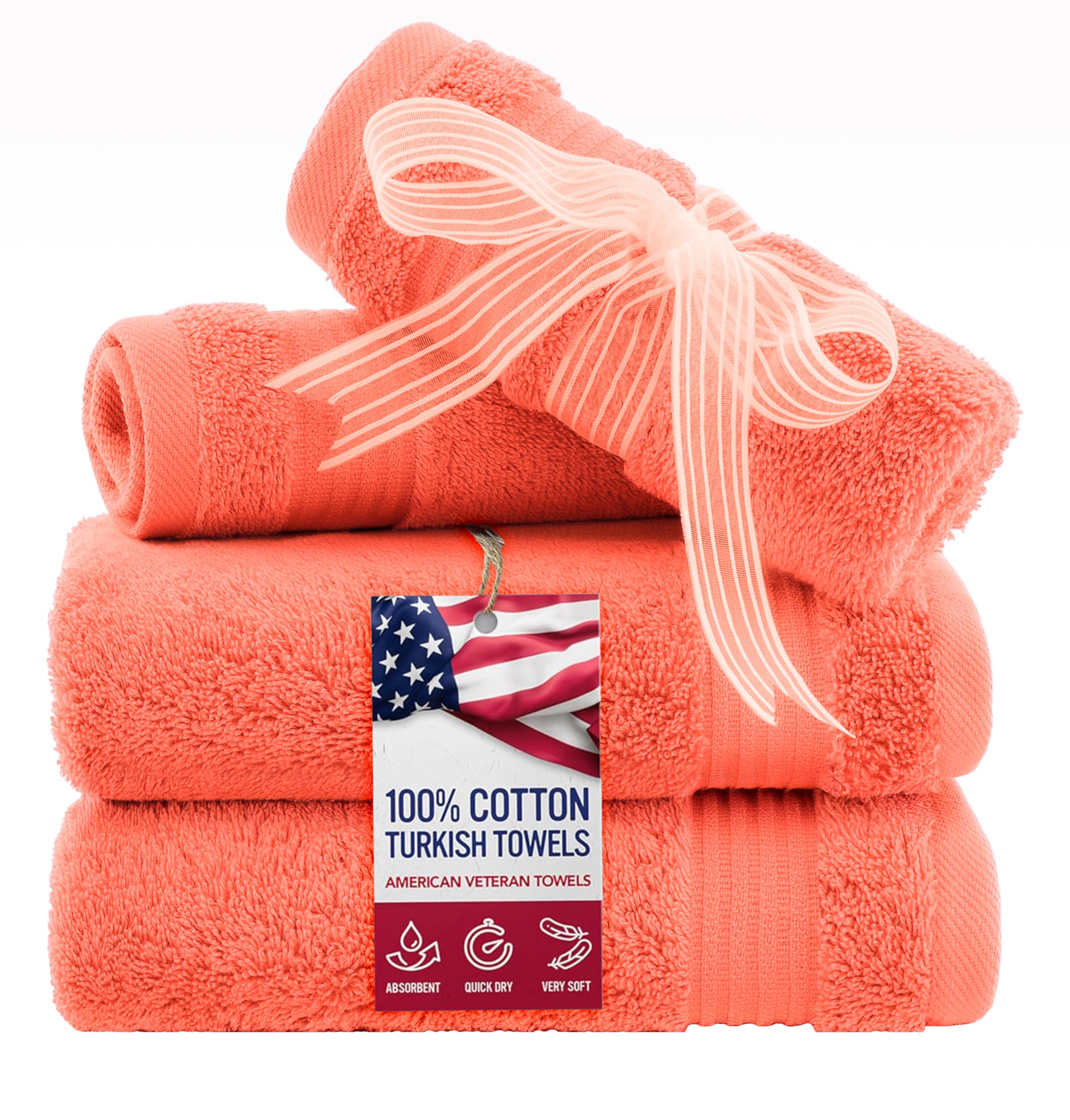 American Veteran Towel, 100% Cotton Turkish Washcloths for Bathroom Essentials 4 Pack, Soft Absorbent Wash Cloths Quick Drying Small Towels Washrags, Coral
