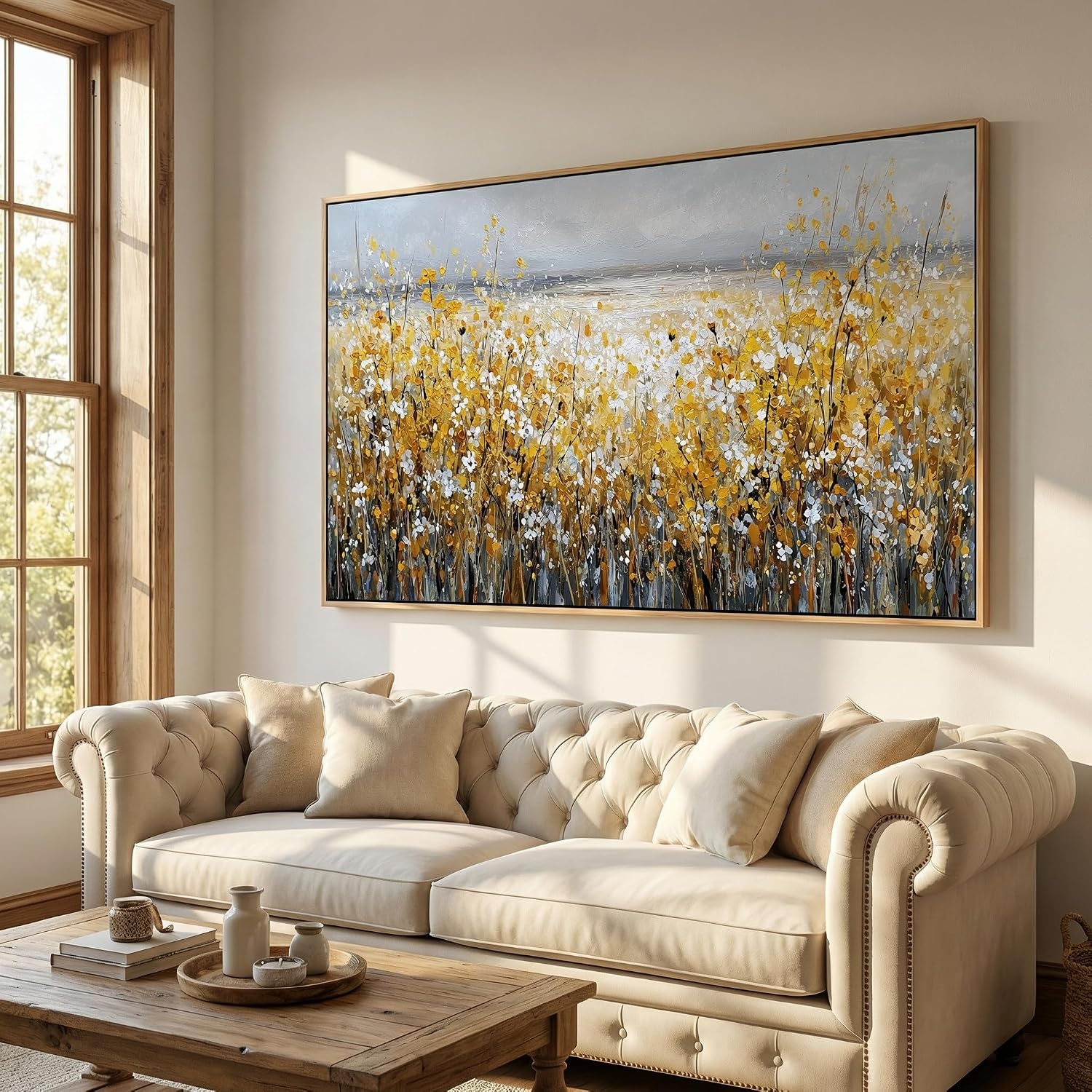 Floral Field Canvas Wall Art Yellow and White Flowers Picture Framed Landscape Painting Contemporary Bedroom Decor Print Artwork 24 x 48 Inches Ready to Hang