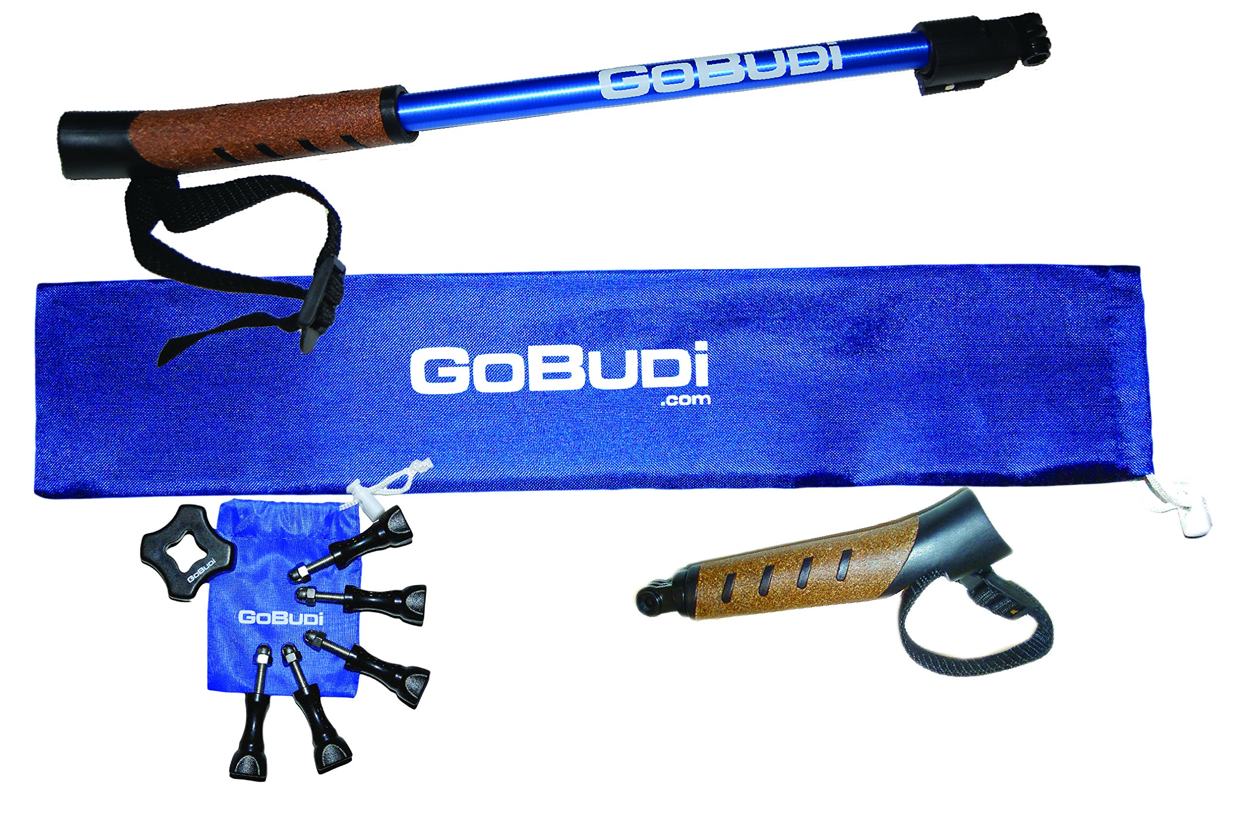 Accessory Kit Compatible with All GoPro Models | Includes A Blue GOBUDi Adjustable Pole, B Steady Grip, C 5 Pack Extra Bolts with Mini Gear Bag and Wrench/Compatible with All GoPro Models