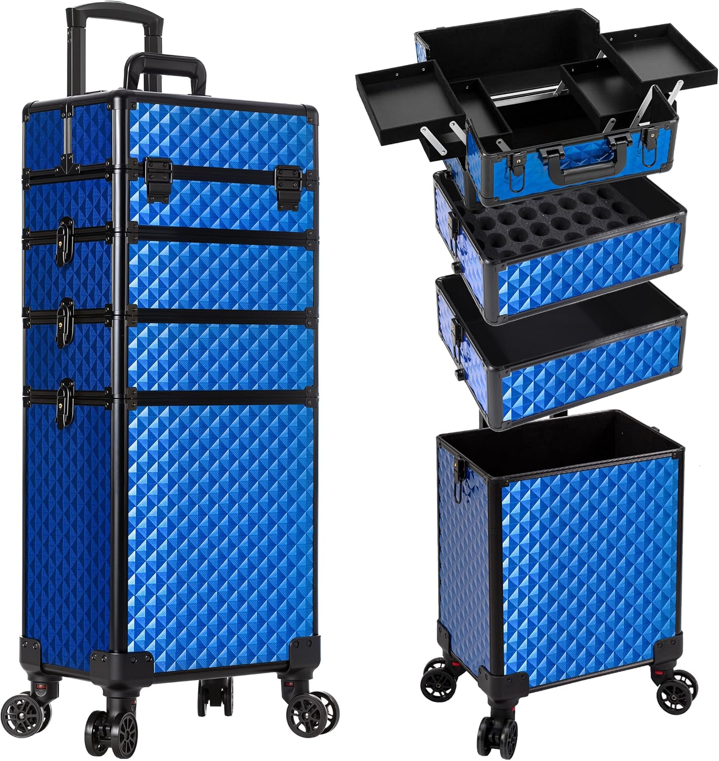 AROUS Rolling Makeup Train Case 4 in 1 Cosmetology Case on Wheels Large Storage Cosmetic Trolley with Key Salon Barber Case Traveling Cart Trunk, Blue