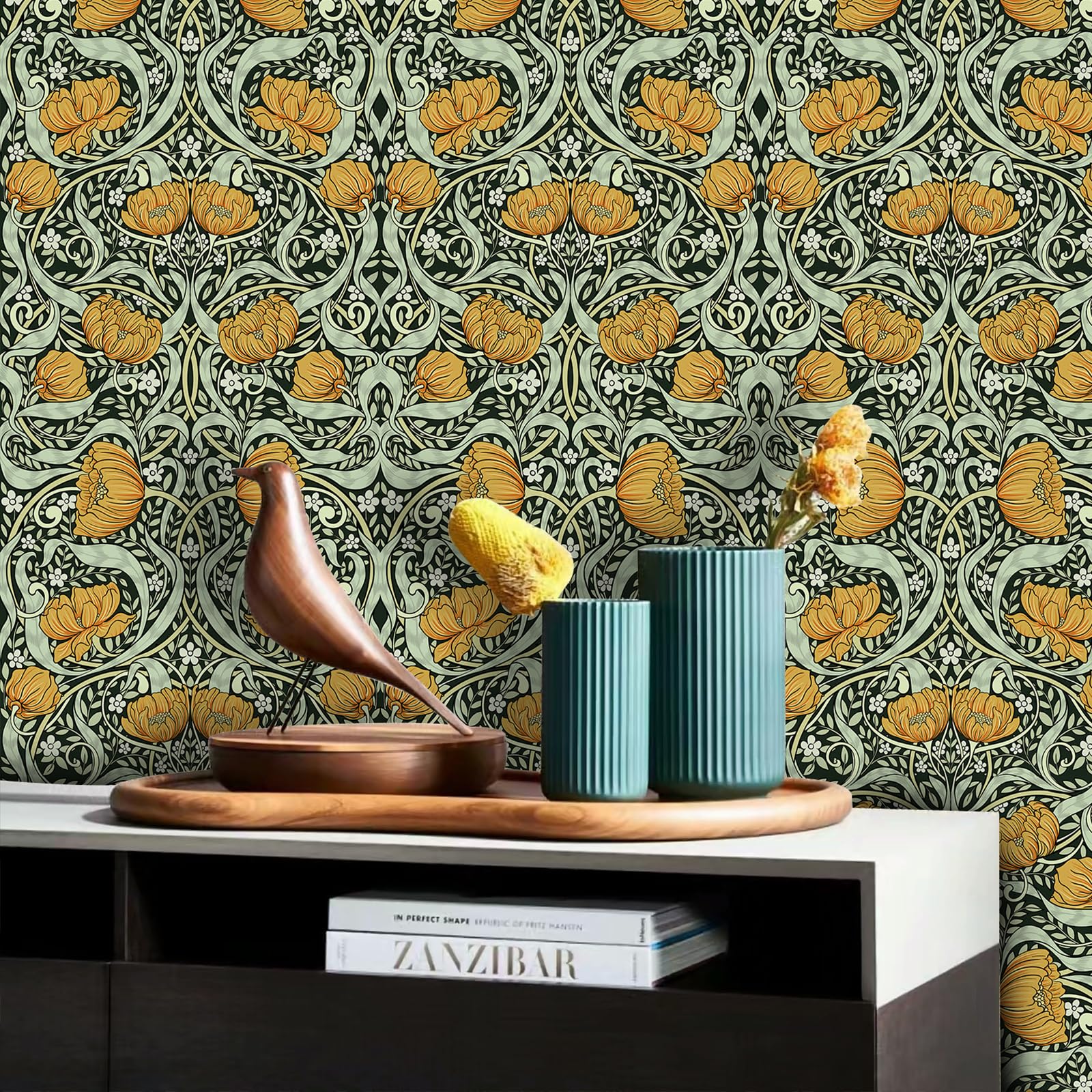Simon&Siff Vintage Floral Peel And Stick Wallpaper - Removable Yellow/Green Wall Mural For Bedroom, Bathroom, Home, Kitchen Decor By William Morris - View #4