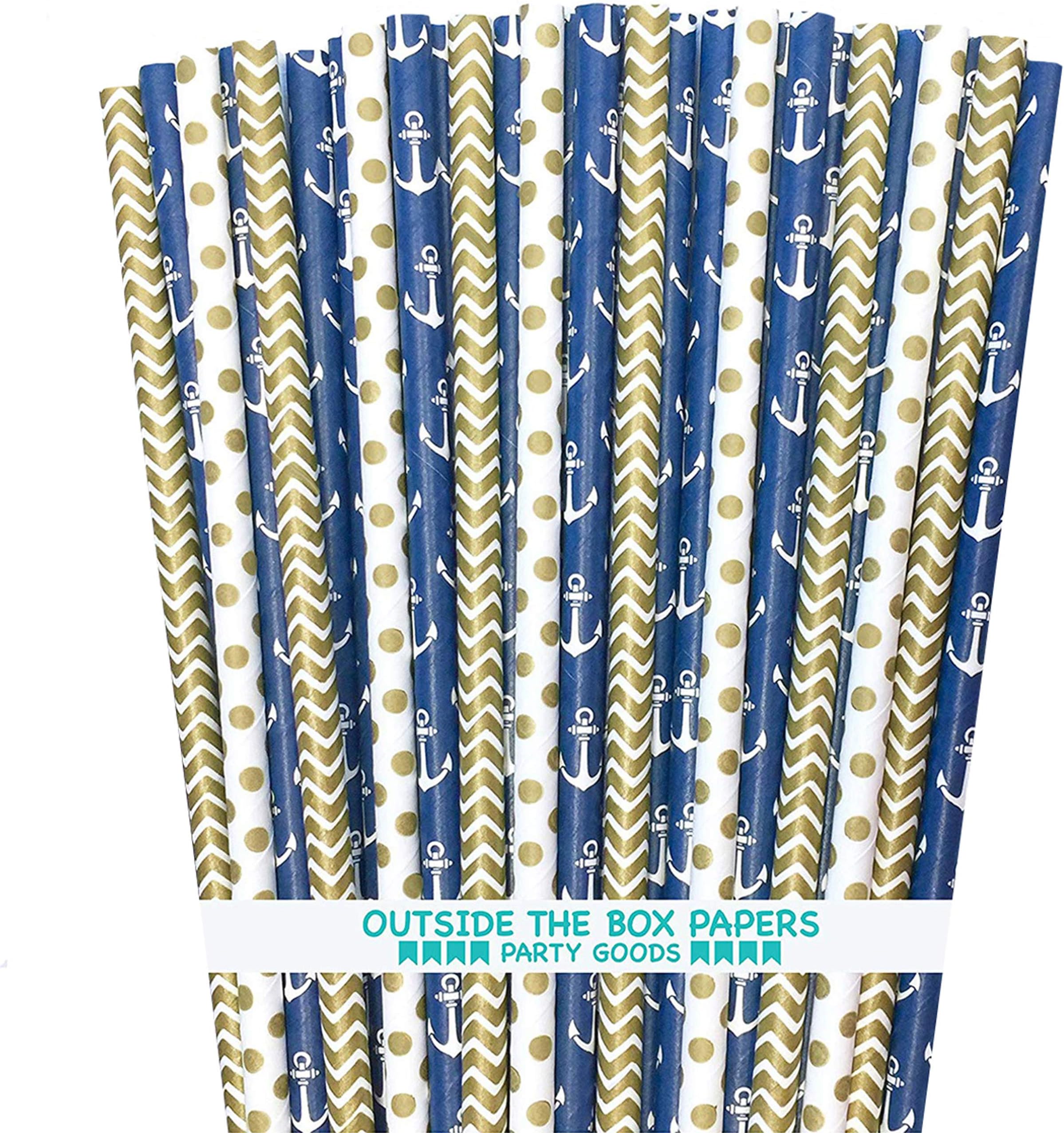 Nautical Anchor Themed Paper Straws Navy Blue Gold White