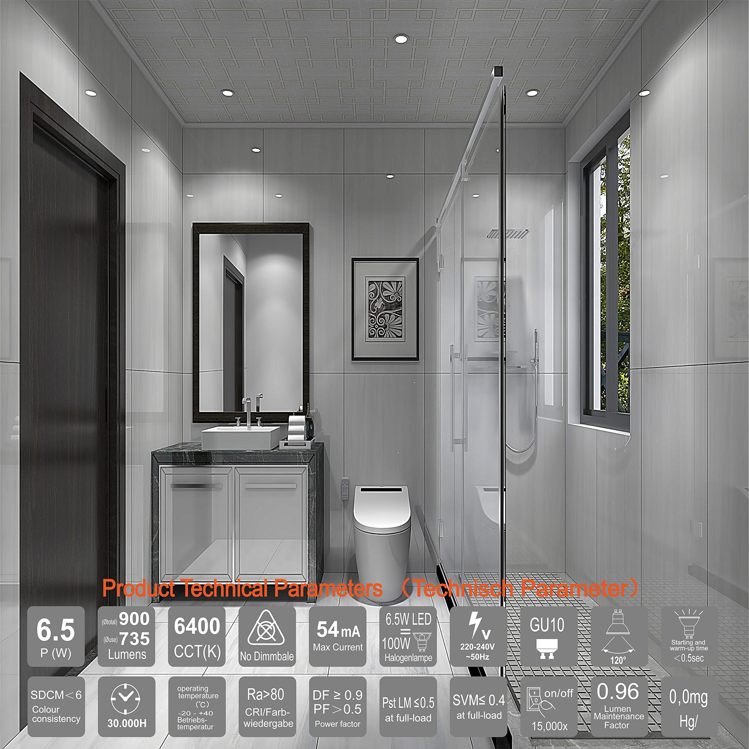 EACLL Żarówki LED GU10, zimna biel, 6,5 W, zastępuje żarówki halogenowe 100 W, 4 sztuki, 735 lumenów 6400 K, AC 230 V, bez migotania, kąt wiązki światła punktowego 120°, nieściemnialne krótsze lampy