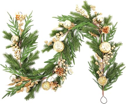Bellacat 6ft Real Touch Norfolk Pine Garland with Champagne Berries &Balls