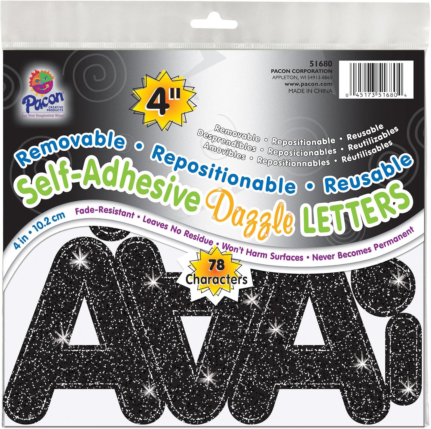 Pacon Self-Adhesive Letters, Black Dazzle, Puffy Font, 4", 78 Characters