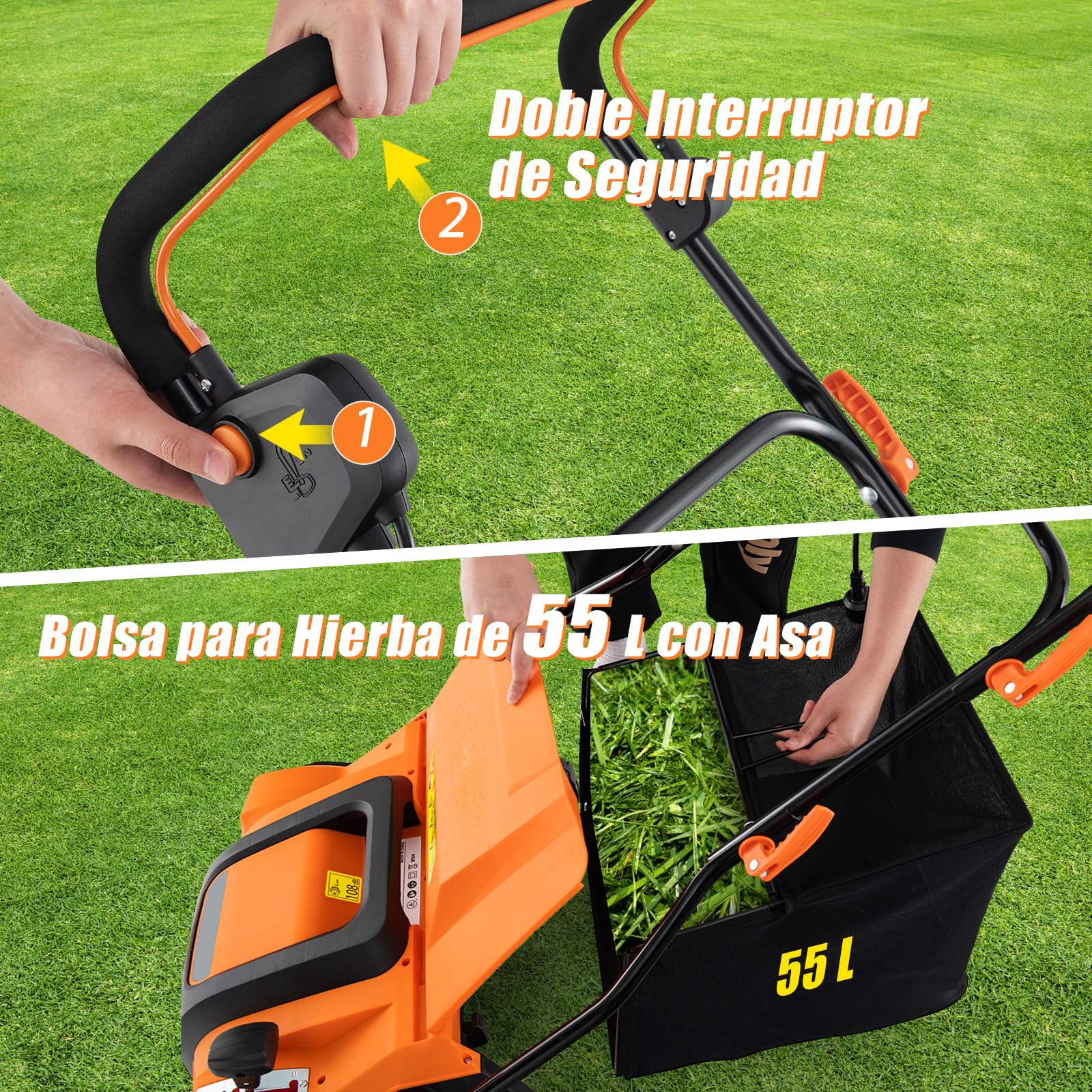 GOPLUS Escarificador Eléctrico, Cortacésped de Empuje con Ajuste de Profundidad de 5 Posiciones, Bolsa de Recolección Desmontable 55 L, Rastrillo Eléctrico Plegable para Cuidado del Césped (Naranja)